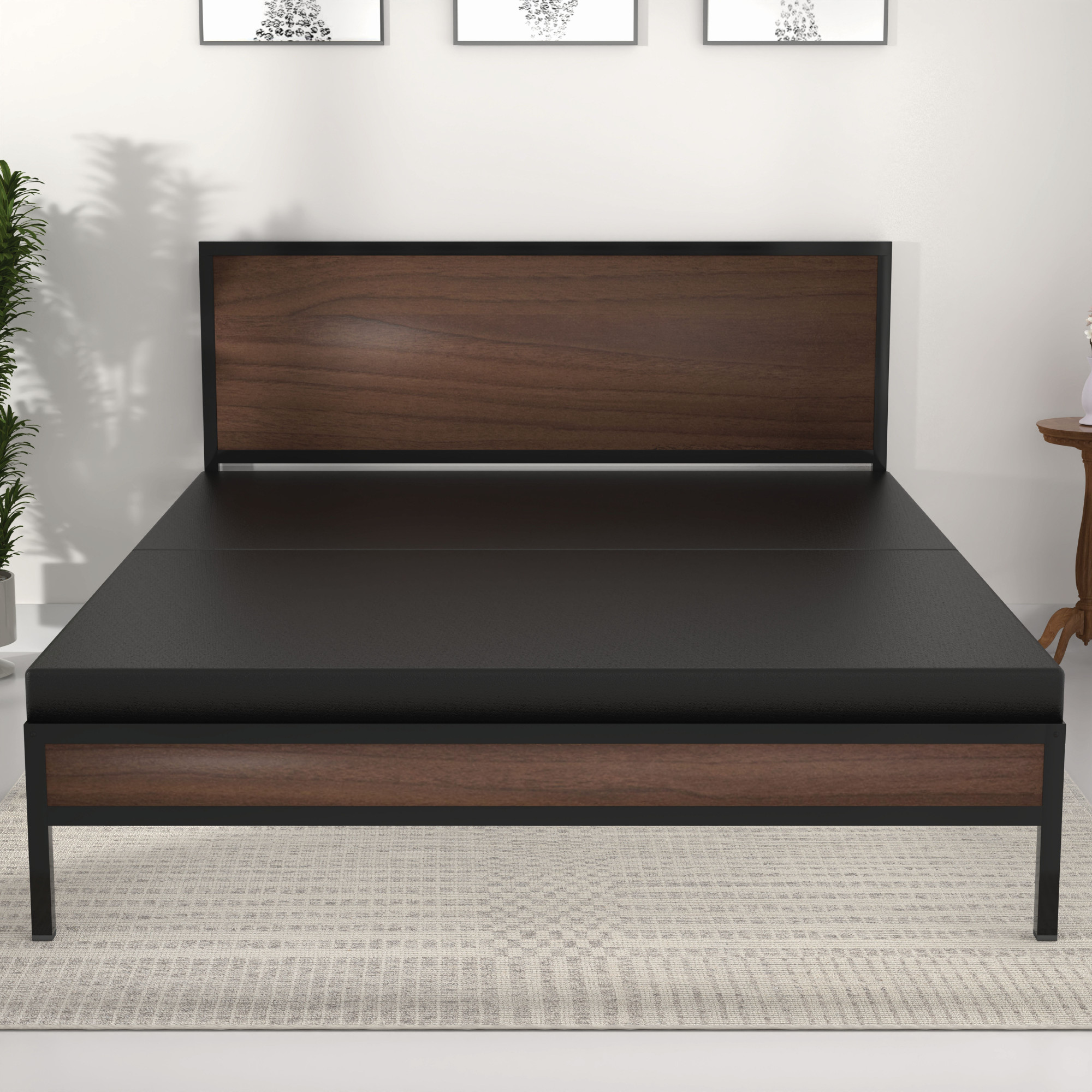 Luvo Metal  Wood Folding Bed Frame With Mattress  Double Layer  Ortho Tri Layer  American Oak  Queen Size 65 Ft x 5 Ft