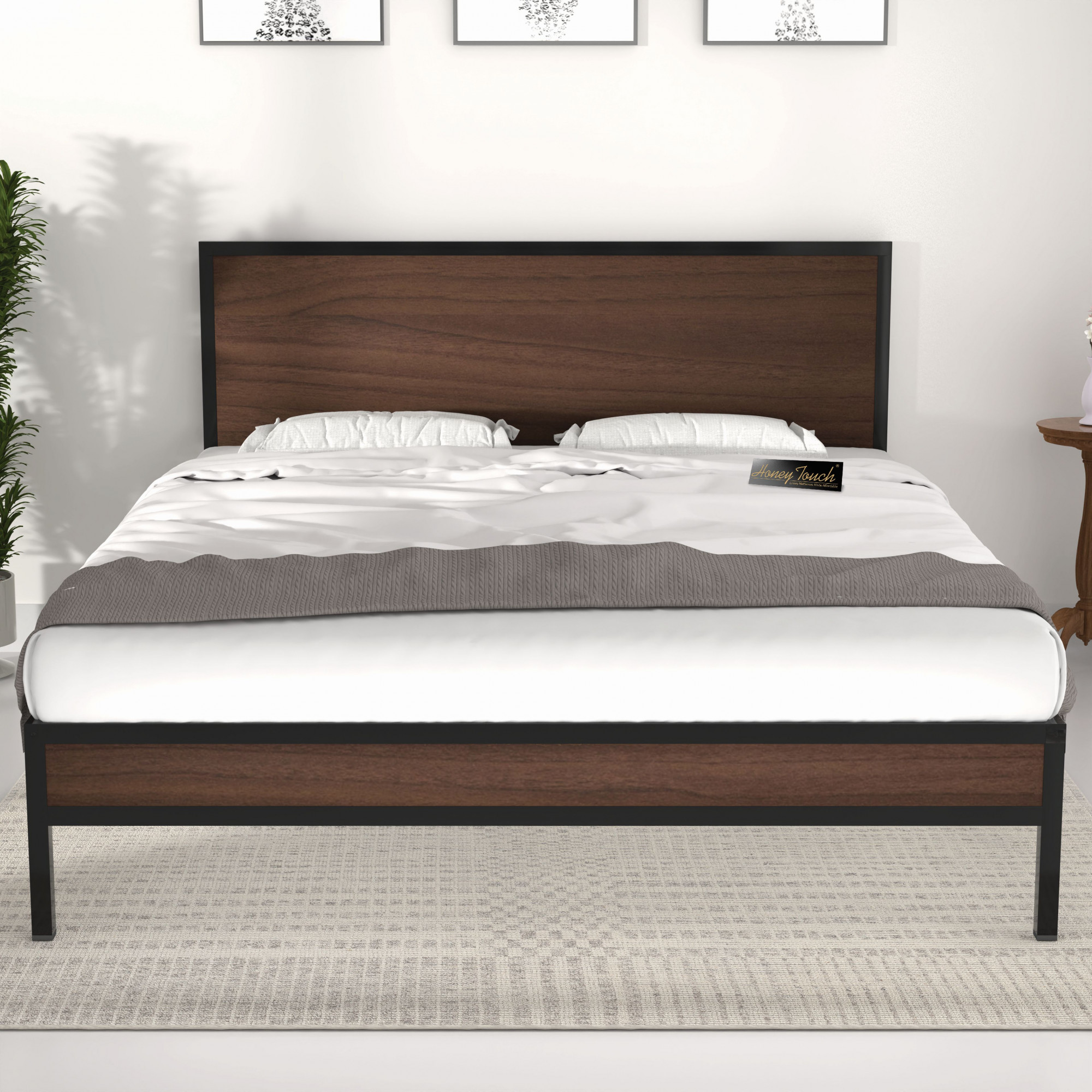 Luvo Metal  Wood Folding Bed Frame With Mattress  Double Layer  Ortho Tri Layer  American Oak  Queen Size 65 Ft x 5 Ft