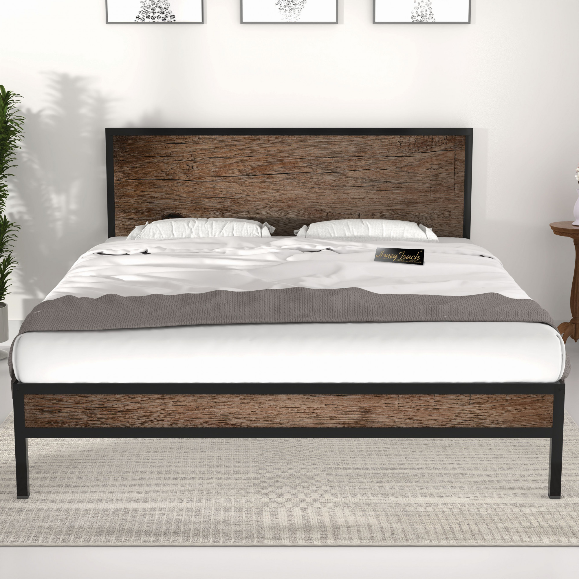 Luvo Metal Wood Folding Bed Frame With Mattress Double Layer Ortho Tri Layer Stone Grain Queen Size 65 Ft x 5 Ft