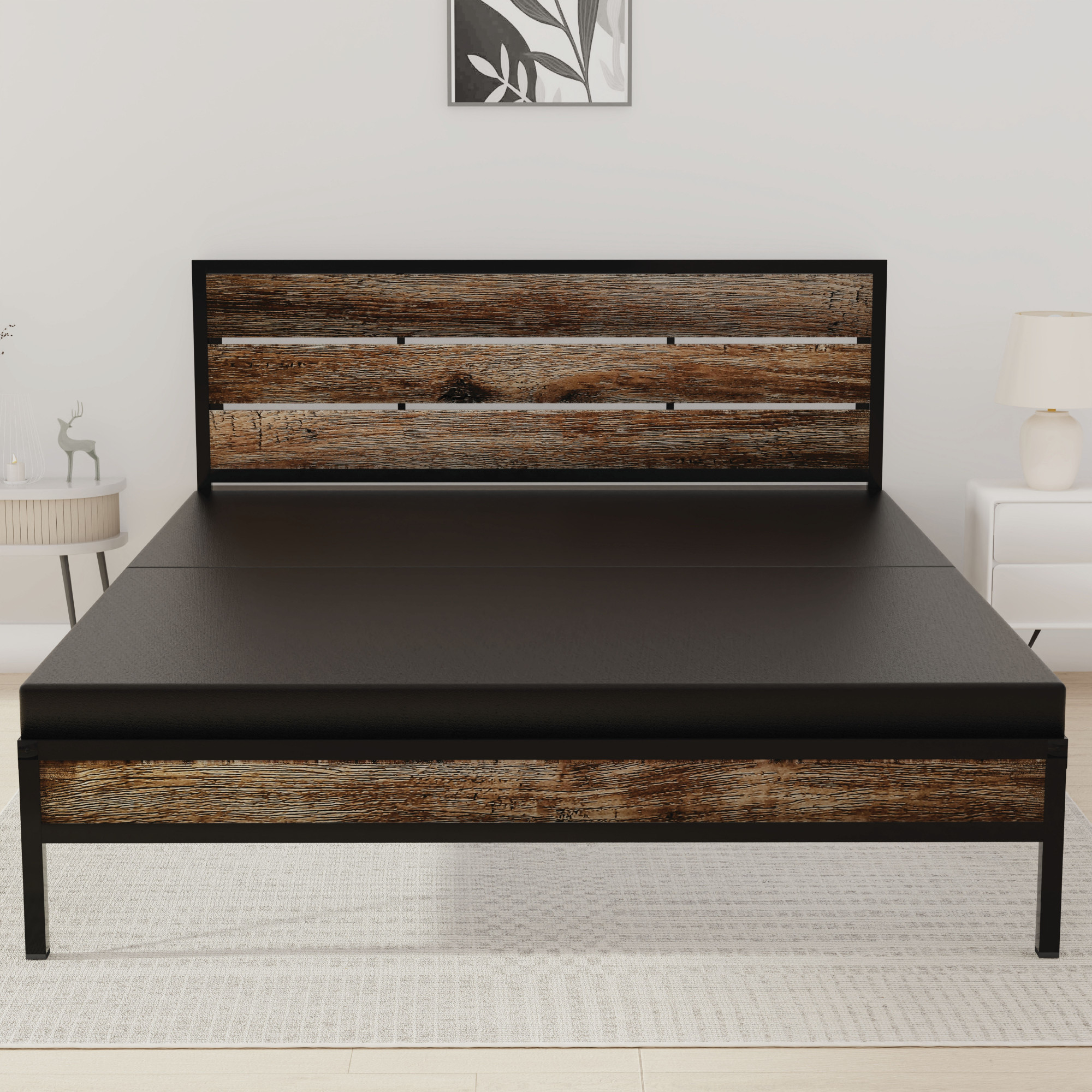 Elvo Wood and Metal Folding Bed Frame With Mattress Double Layer Ortho Tri Layer Stone Grain Queen Size 65 Ft x 5 Ft