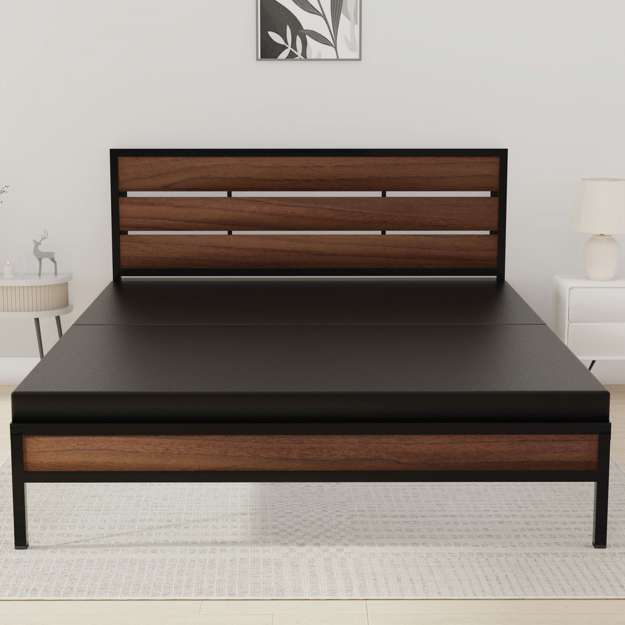 Elvo Wood and Metal Folding Bed Frame With Mattress Double Layer Ortho Tri Layer American Oak Queen Size 65 Ft x 5 Ft