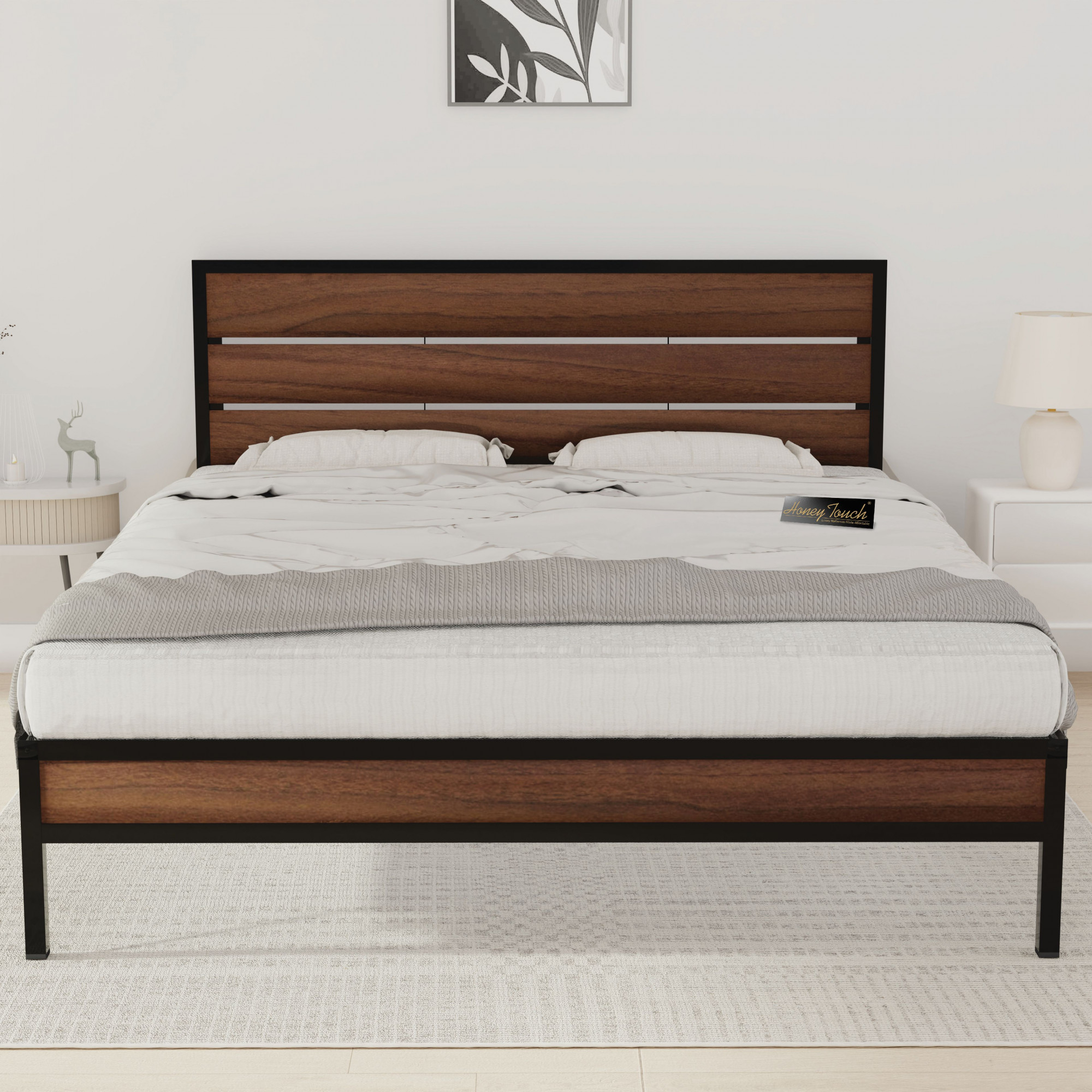 Elvo Wood and Metal Folding Bed Frame With Mattress  Double Layer  Ortho Tri Layer  American Oak  Queen Size 65 Ft x 5 Ft