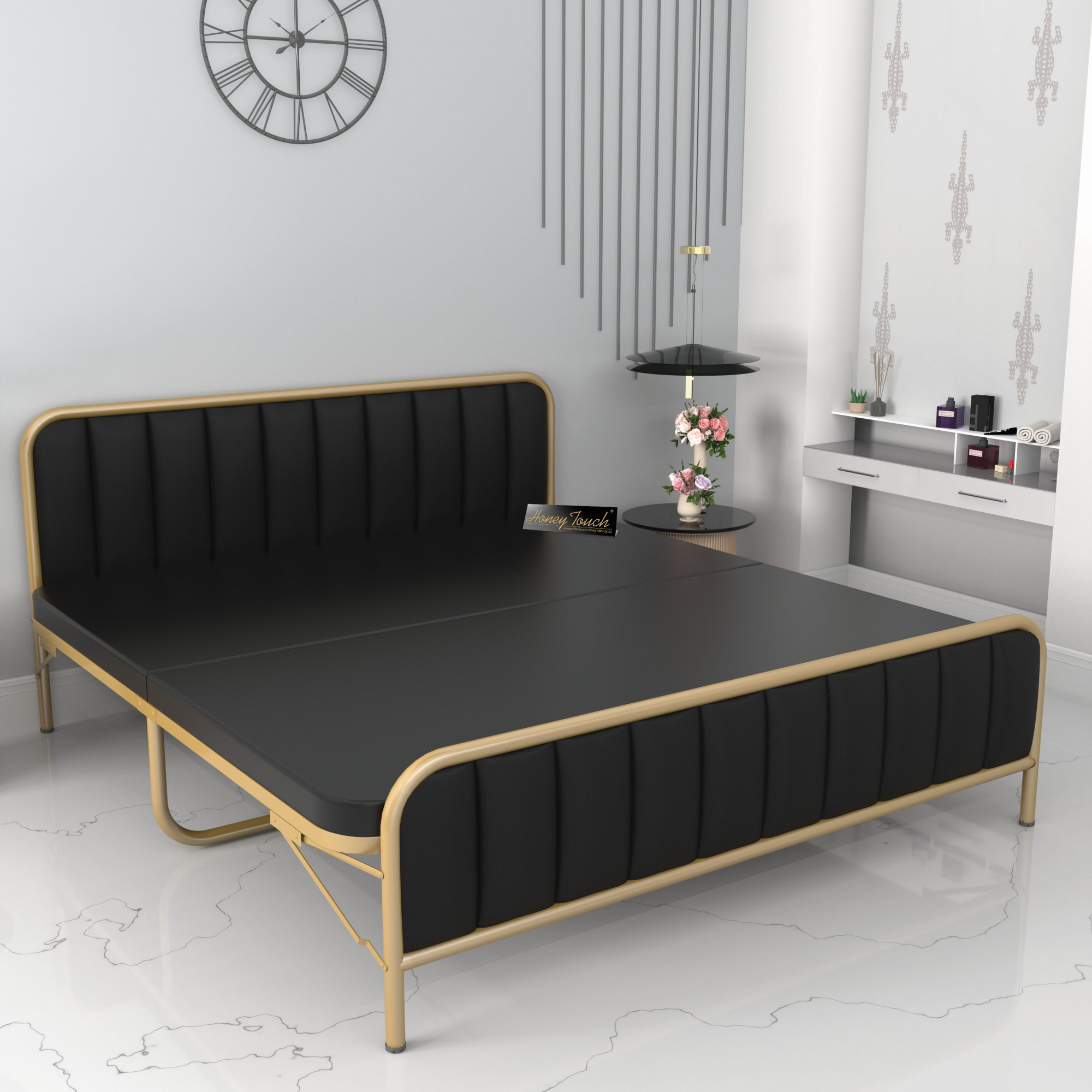 Boston Metal Folding Bed Frame With Mattress  Double Layer  Ortho Tri Layer  Golden Frame  King Size 625 Ft x 6 Ft
