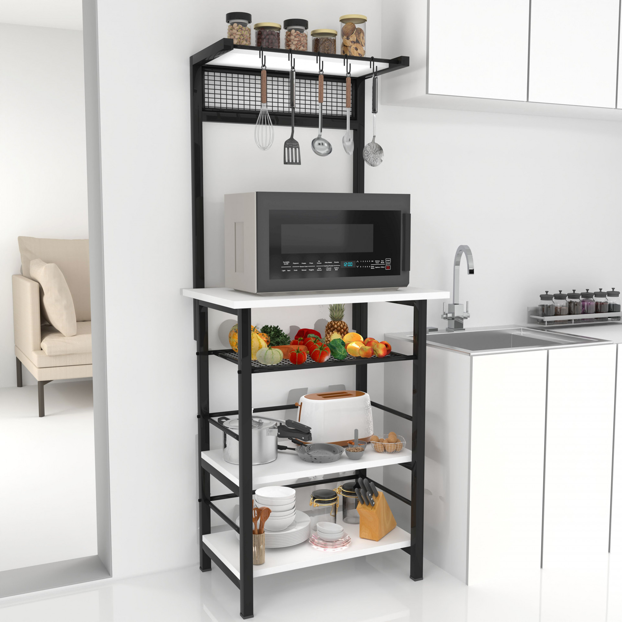 Spacio 5-Tier Multipurpose Storage Rack Metal Wood Shelf for Kitchen Living Room Bedroom Space-Saving Organizer with Hooks Frosty White Finish