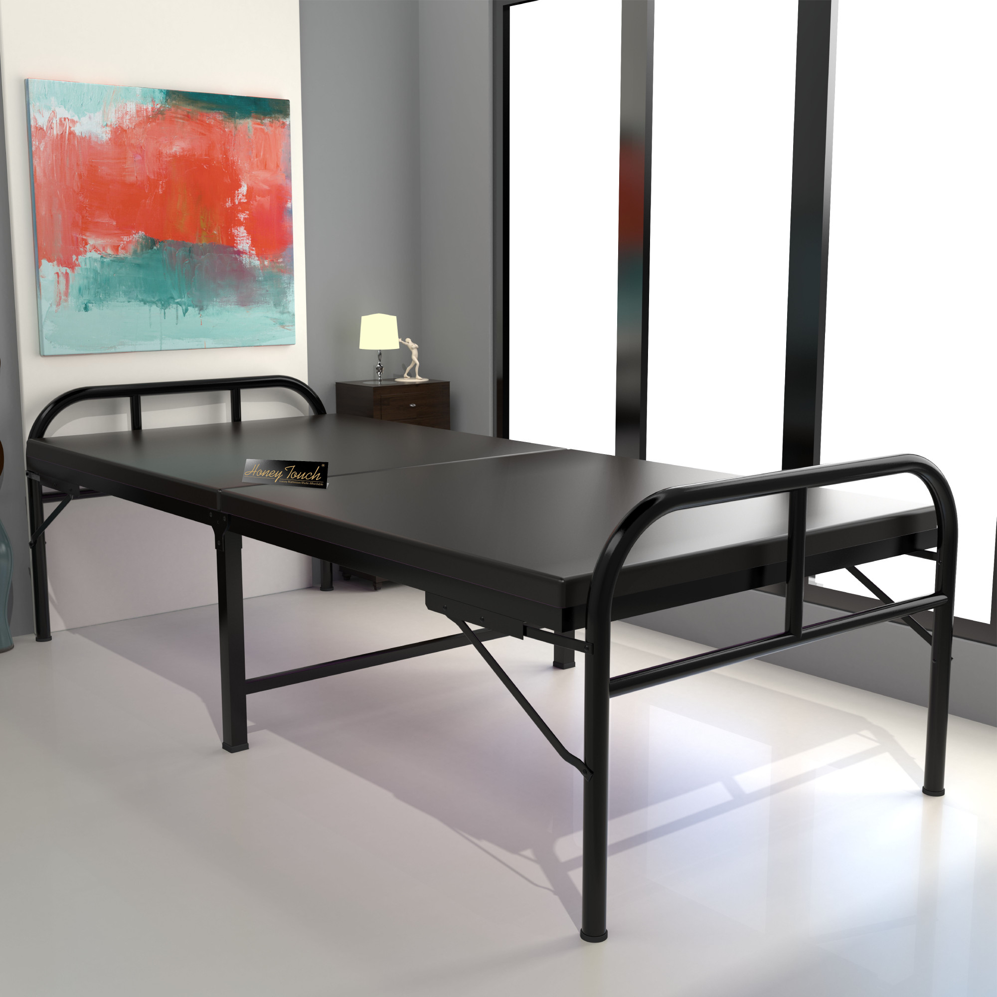 Nexon Metal Folding Single Size Bed With Mattress  25ft X 6ft  3ft X 6ft  Black Finish