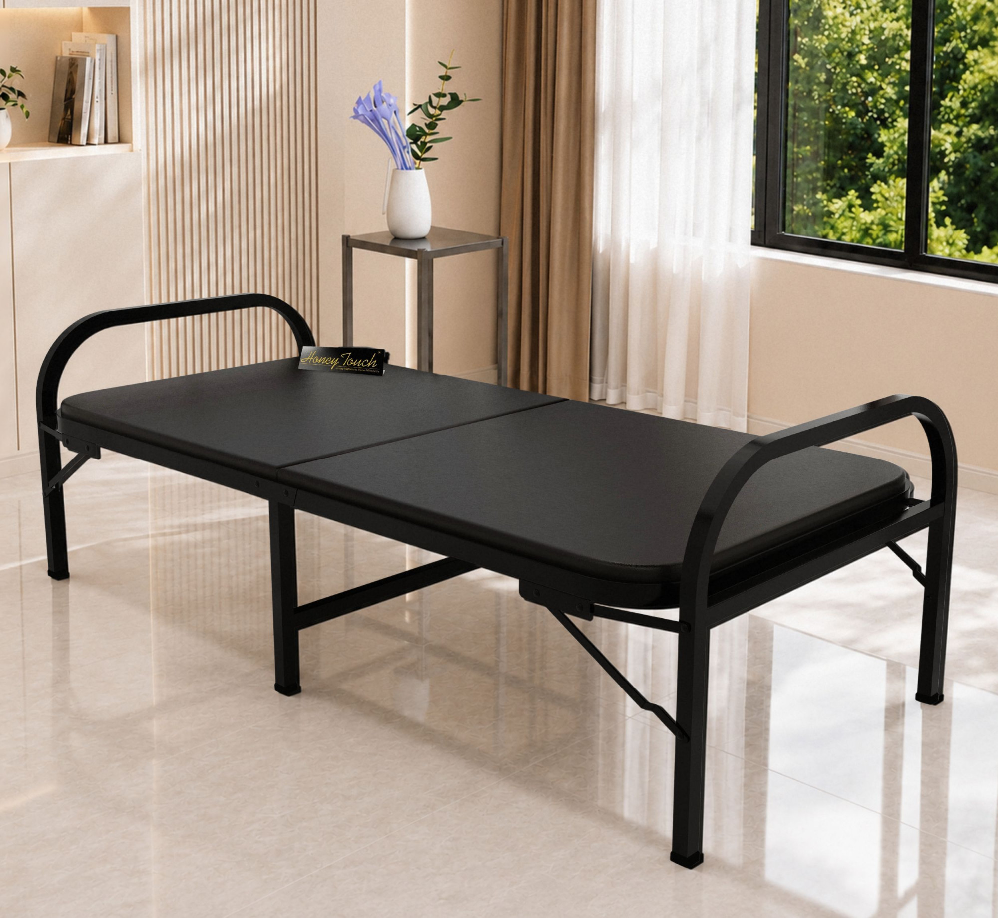 Atlas Round Folding Metal Bed Single Size Single Layer Double Layer Ortho Tri Layer Foam Mattress 3ft X 6ft 25ft X 6ft Black Finish