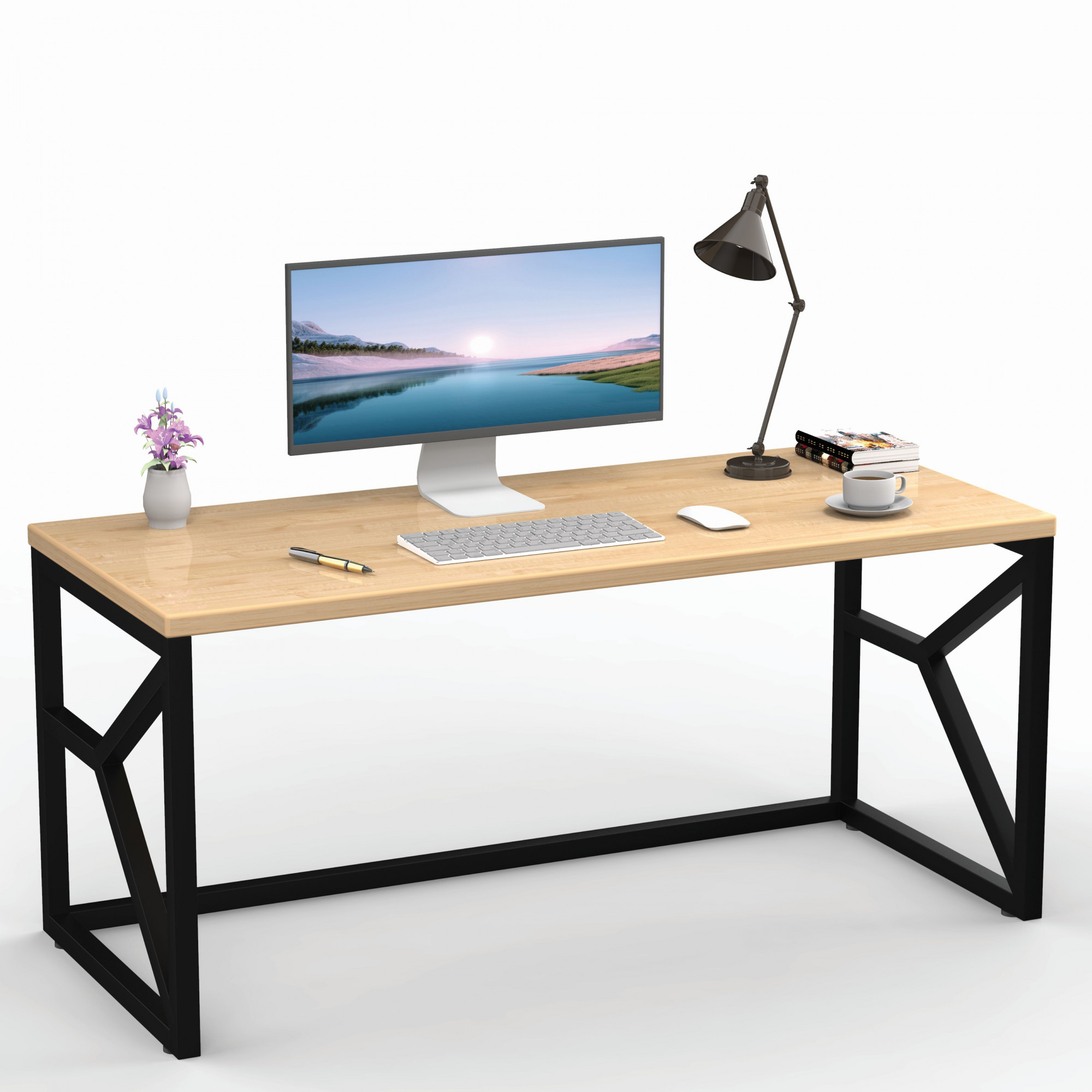 Duke Metal Wood Computer Table for Home Office Modern Study Desk with Natural Ash Top Black White Finish 61L x 122W x 73H Centimeters 1 Year Warranty