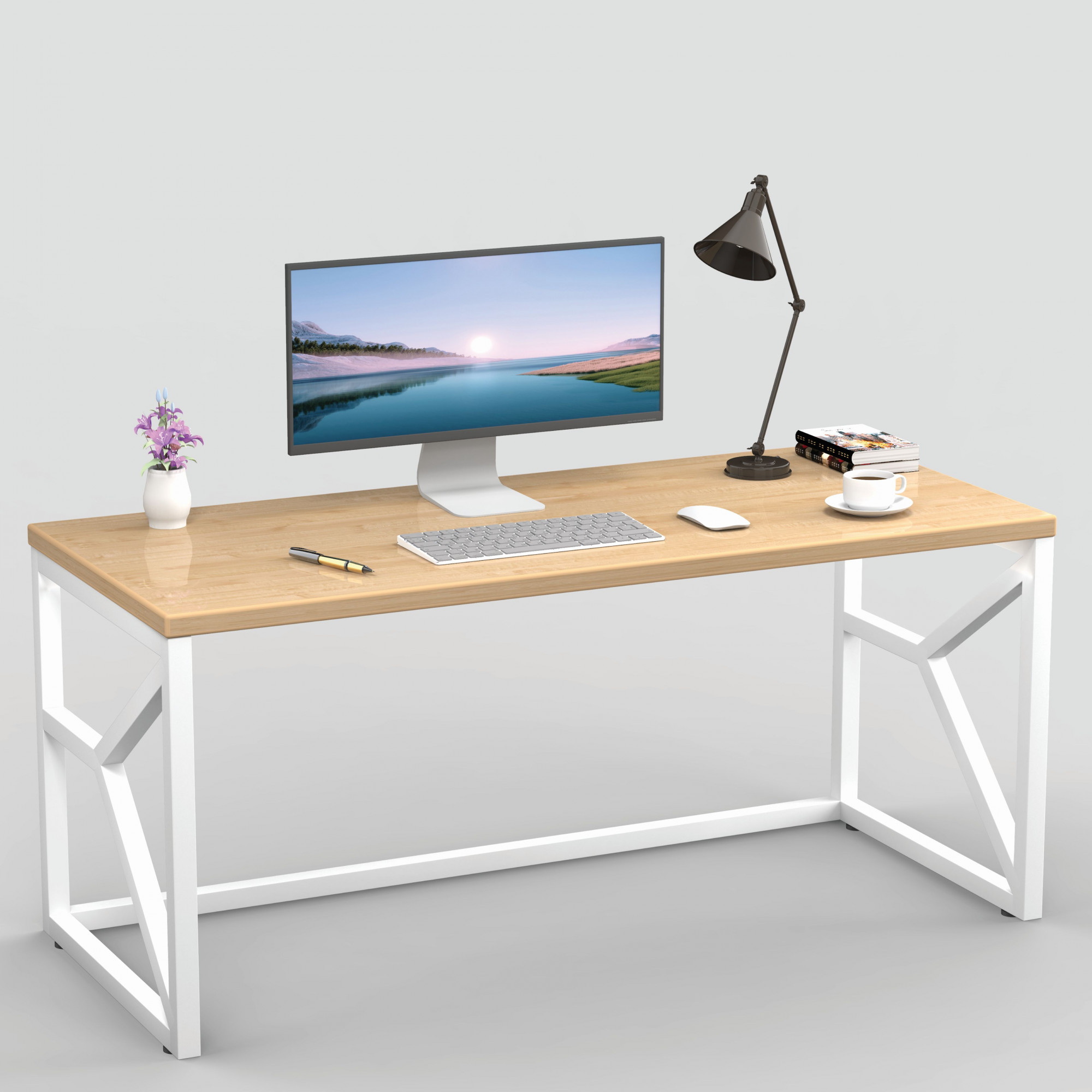 Duke Metal Wood Computer Table for Home Office Modern Study Desk with Natural Ash Top White Finish 61L x 122W x 73H Centimeters 1 Year Warranty