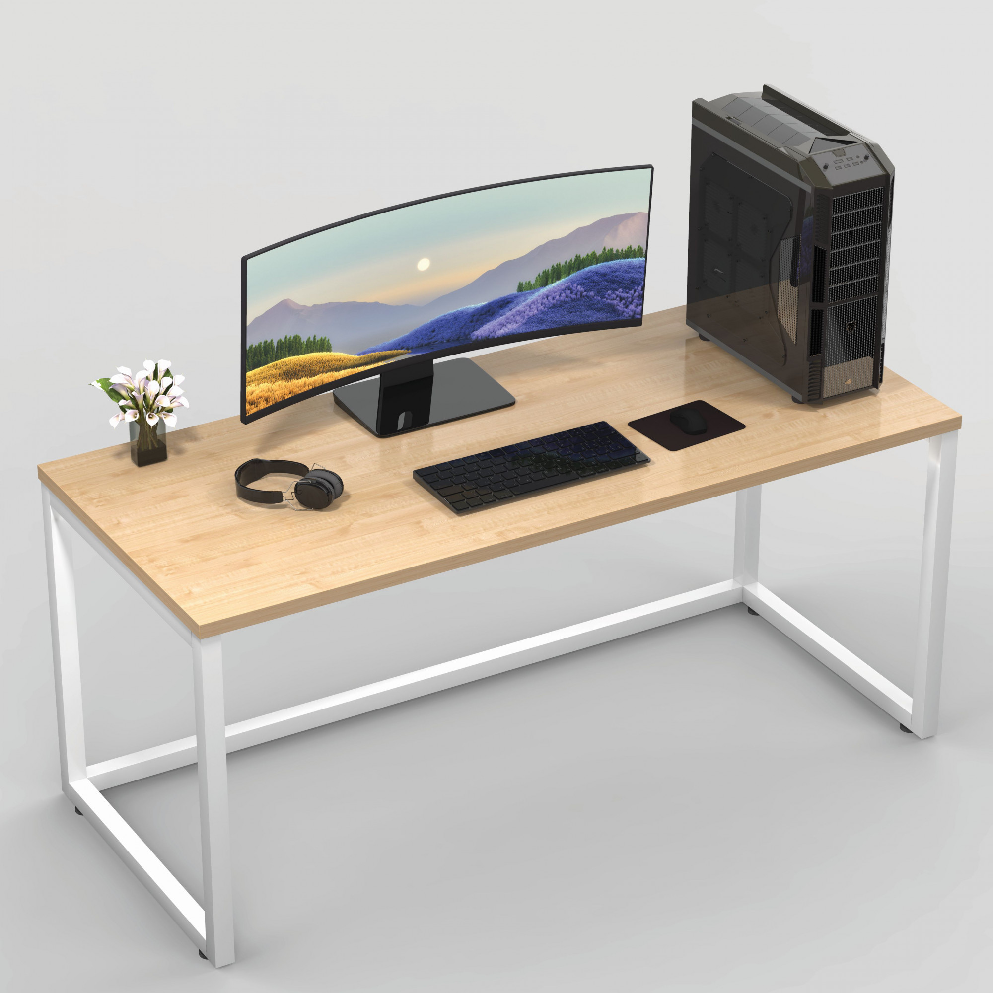Lizon Metal Wood Computer Table for Home Office Modern Study Desk Natural Ash Top White Finish 61L x 122W x 73H Centimeters 1 Year Warranty