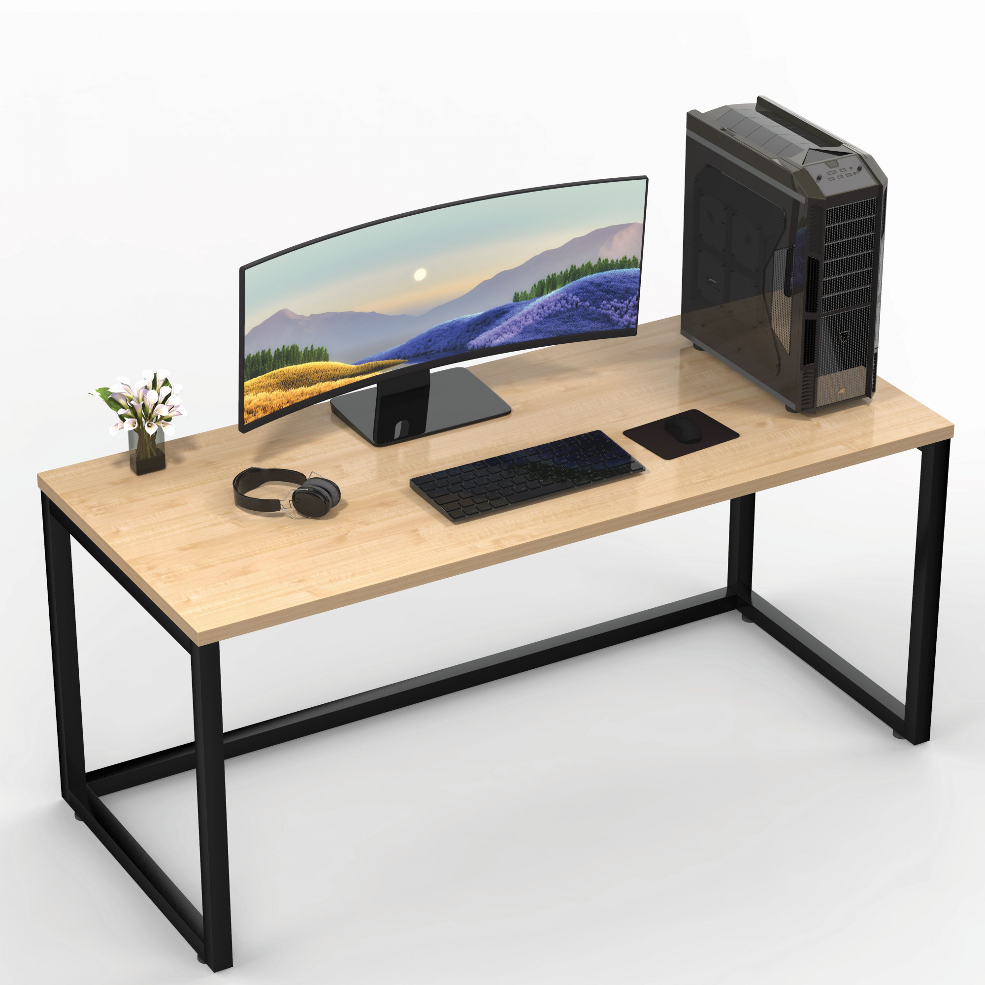 Lizon Metal Wood Computer Table for Home Office Modern Study Desk Natural Ash Top White Finish 61L x 122W x 73H Centimeters 1 Year Warranty