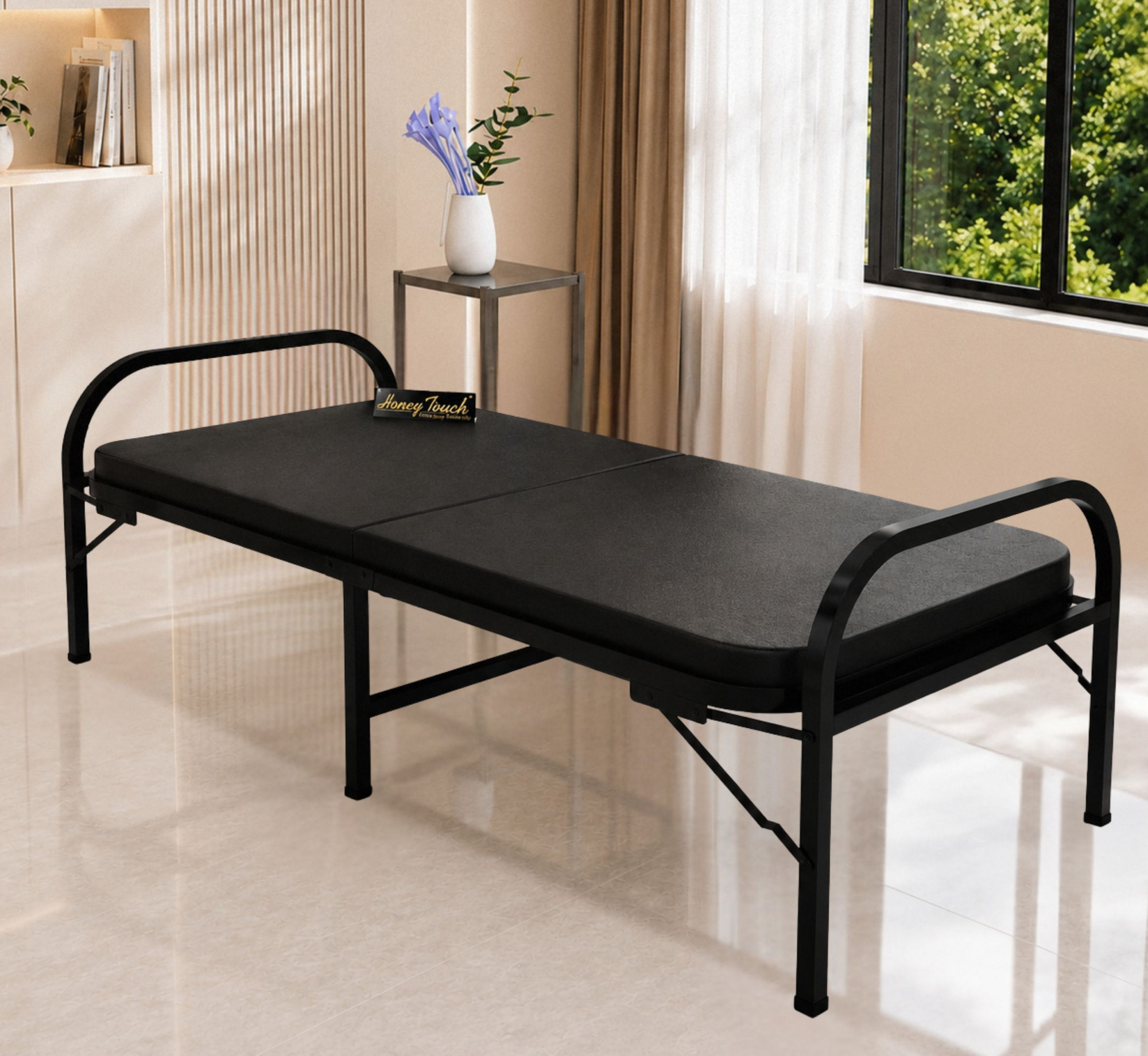 Atlas Round Folding Metal Bed Single Size Single Layer Double Layer Ortho Tri Layer Foam Mattress 3ft X 6ft 25ft X 6ft Black Finish