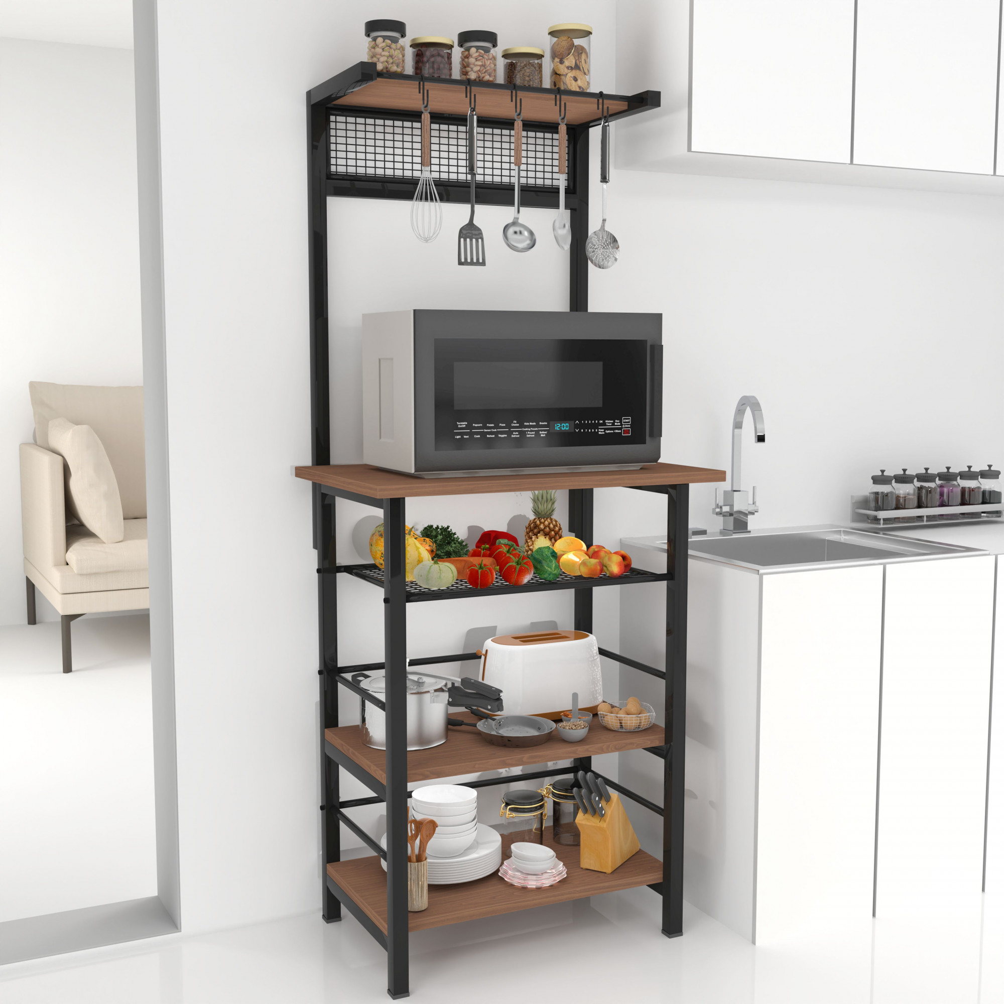 Spacio 5-Tier Multipurpose Storage Rack Metal Wood Shelf for Kitchen Living Room Bedroom Space-Saving Organizer with Hooks Matte Black Walnut Finish
