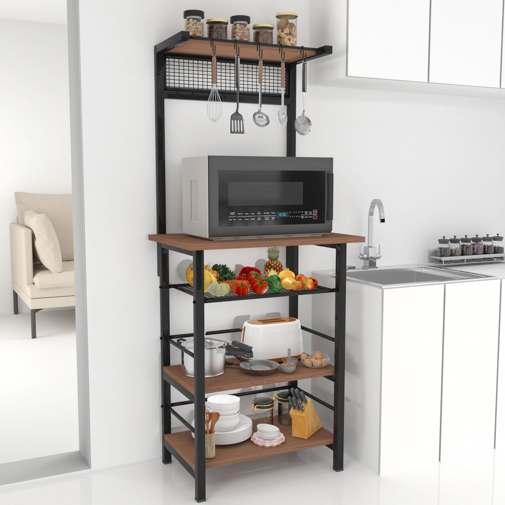 Image of Spacio 5-Tier Multipurpose Storage Rack | Metal &amp; Wood Shelf for Kitchen, Living Room, Bedroom | Space-Saving Organizer with Hooks | Matte Black Walnut Finish