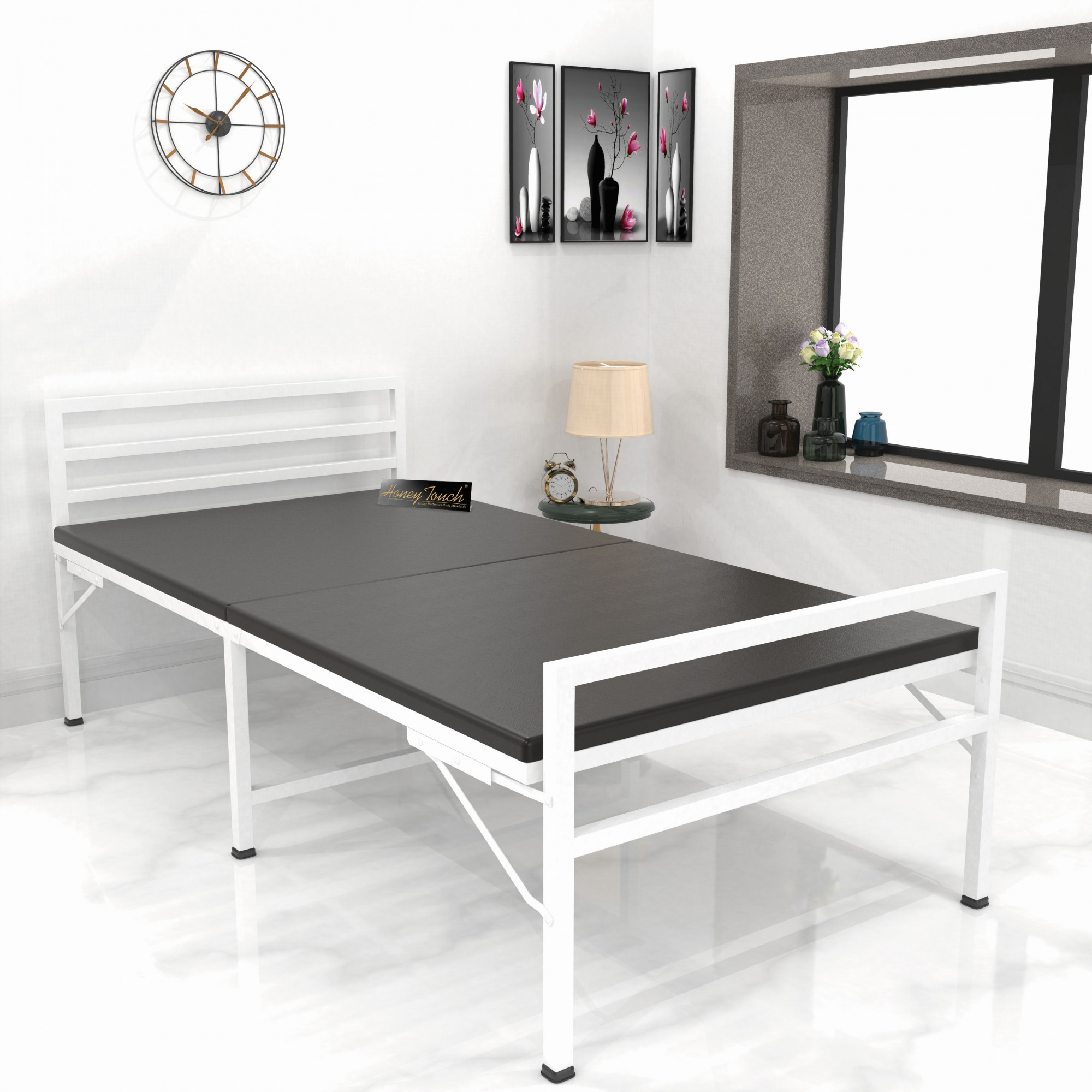 Jasper Foldable Single Metal Bed with Mattress Glossy White Finish 3ft X 6ft
