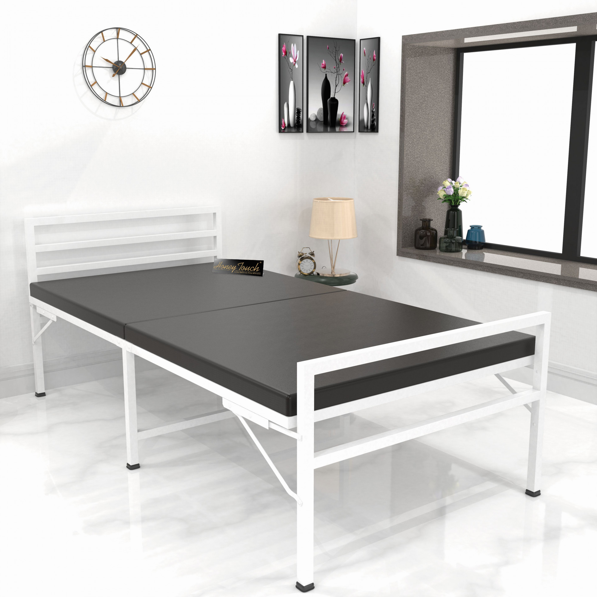 Jasper Foldable Single Metal Bed with Mattress Glossy White Finish 3ft X 6ft