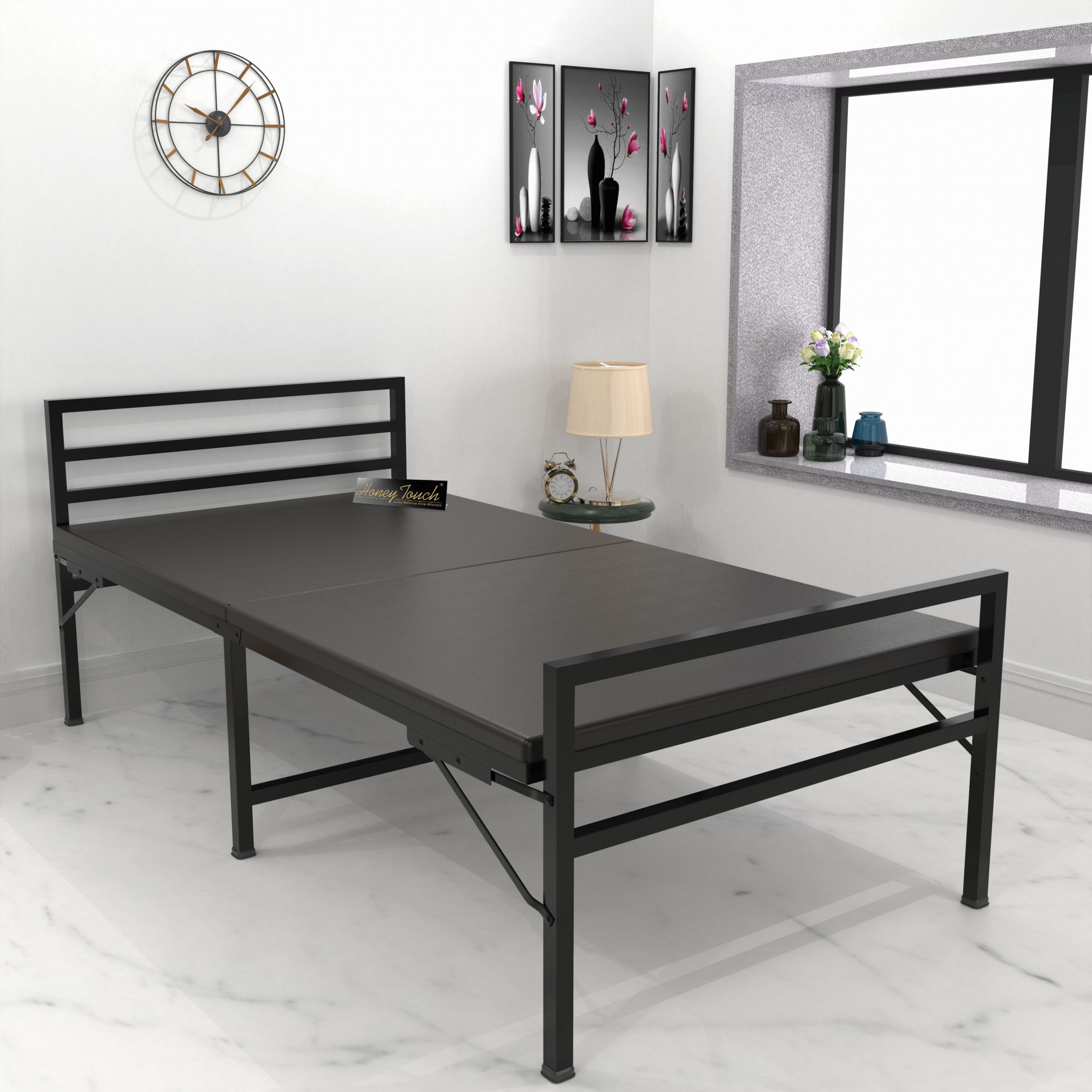 Jasper Foldable Single Metal Bed with Mattress Single Layer Double Layer Ortho Tri Layer Mattress Glossy Black Finish 3ft X 6ft