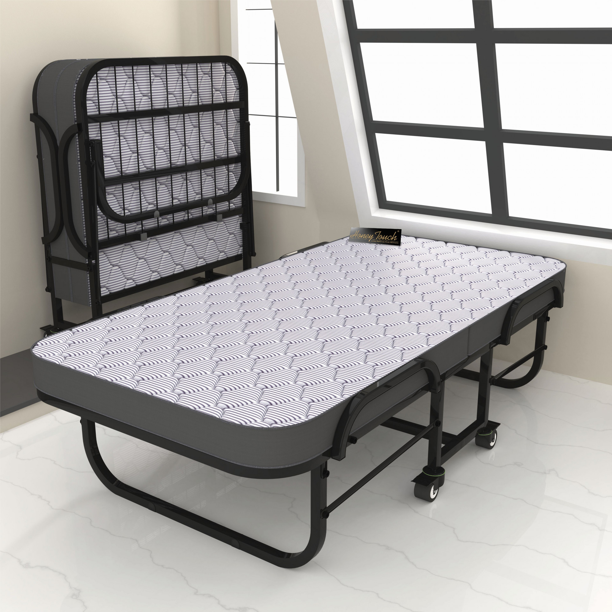 Rollease Rollaway Bed Single Size 3 Ft x 6 Ft Orthopedic Tri Layer Foam Brown Mattress 3 Years Warranty