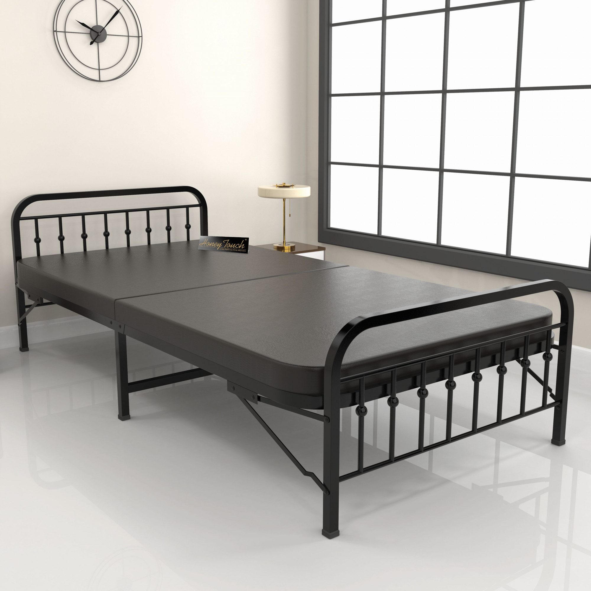 Nova Foldable Single Metal Bed - Glossy Black Finish 3ft x 6ft