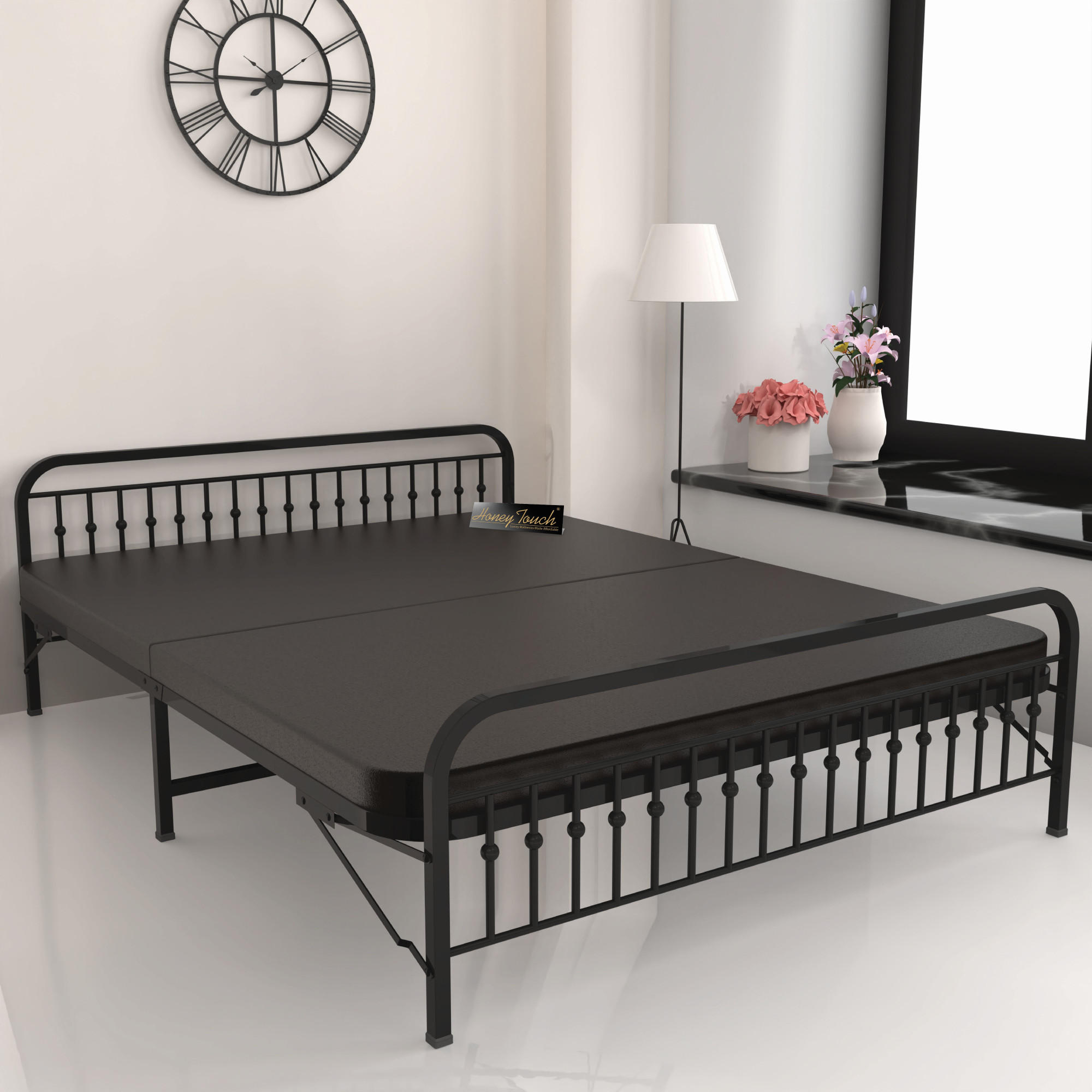 Nova Foldable Metal Bed Frame With Mattress  Black Frame  King Size 625 Ft x 6 Ft  3 Years Warranty