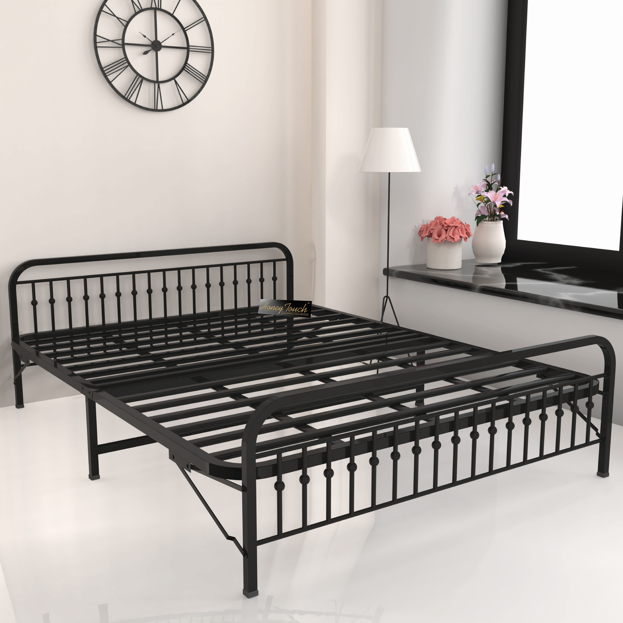 Nova Foldable Metal Bed Frame With Mattress  Black Frame  King Size 625 Ft x 6 Ft  3 Years Warranty