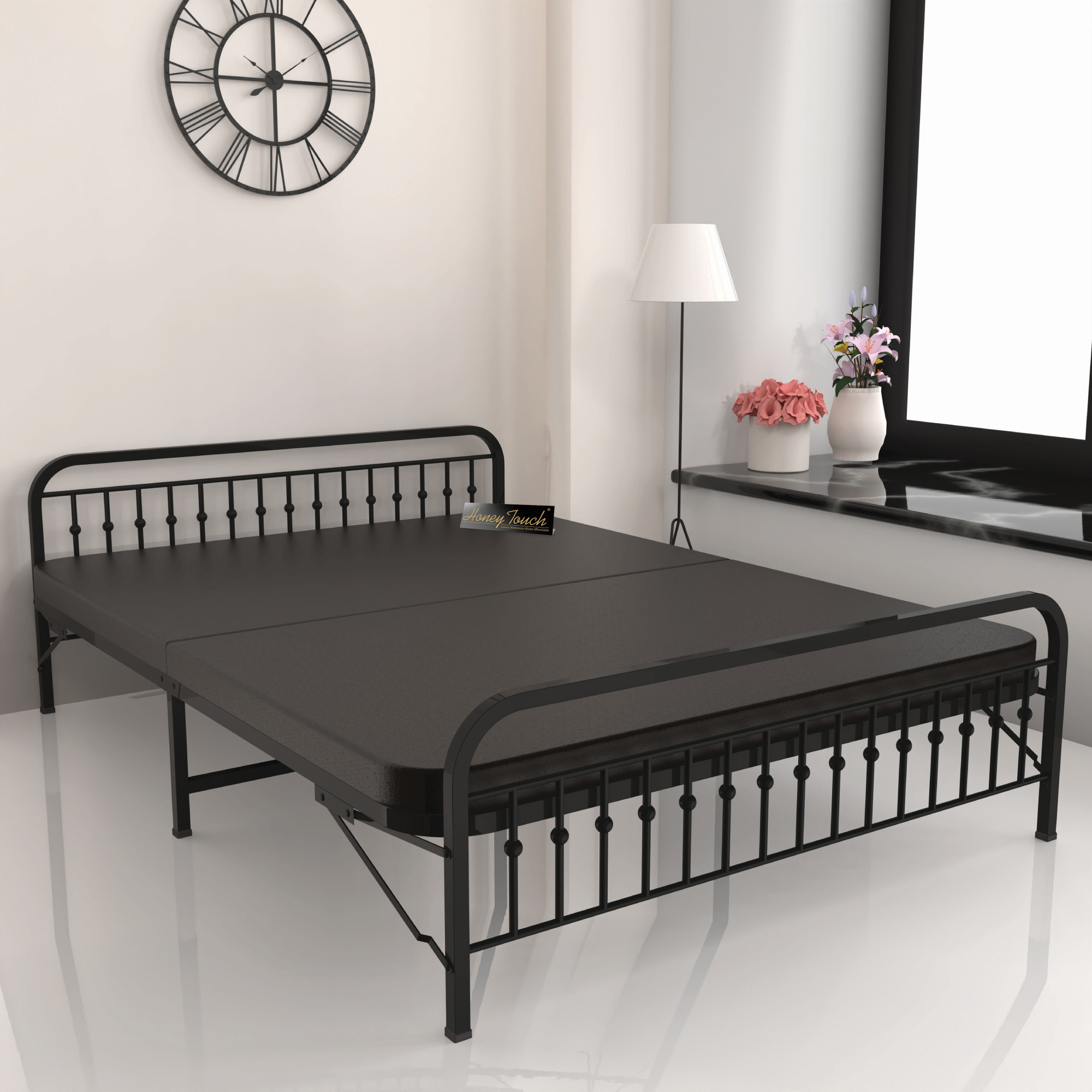 Nova Foldable Metal Bed Frame With Mattress Black Frame Queen Size 625 Ft x 5 Ft 3 Years Warranty