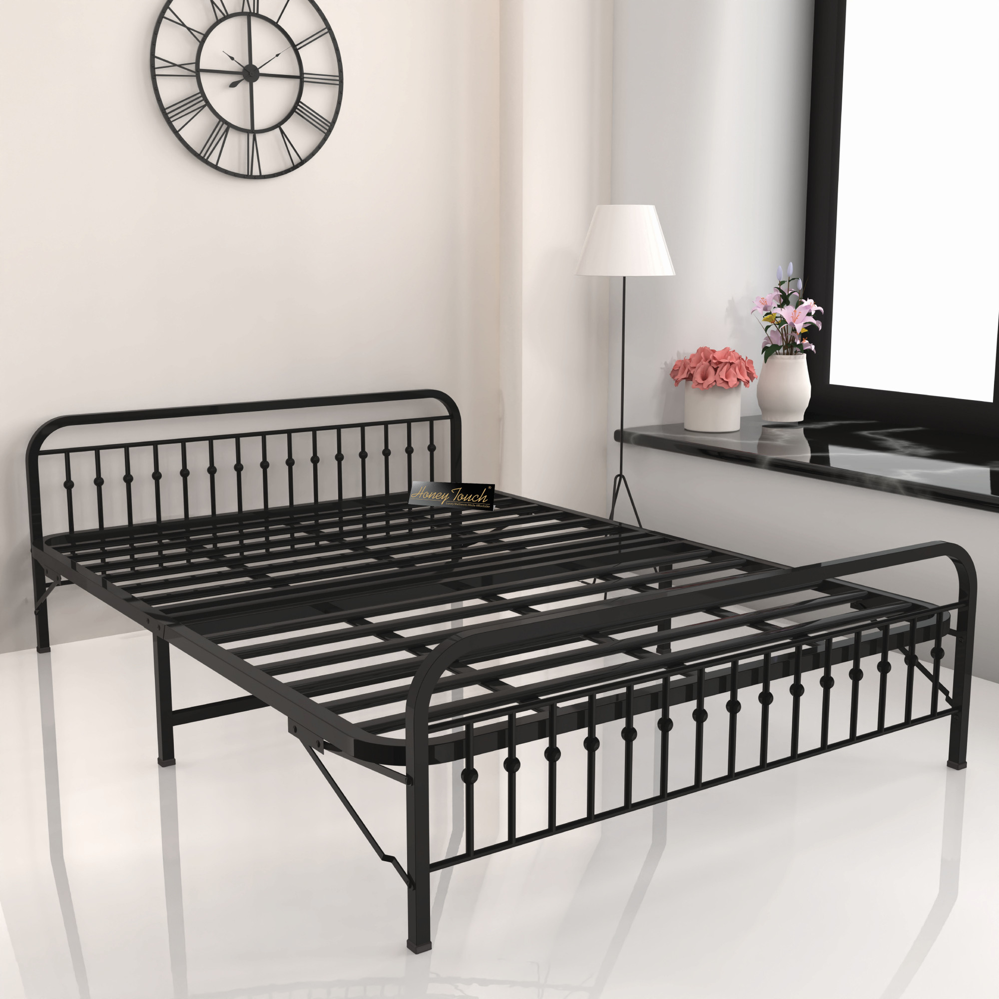 Nova Foldable Metal Bed Frame With Mattress  Black Frame  Queen Size 625 Ft x 5 Ft  3 Years Warranty