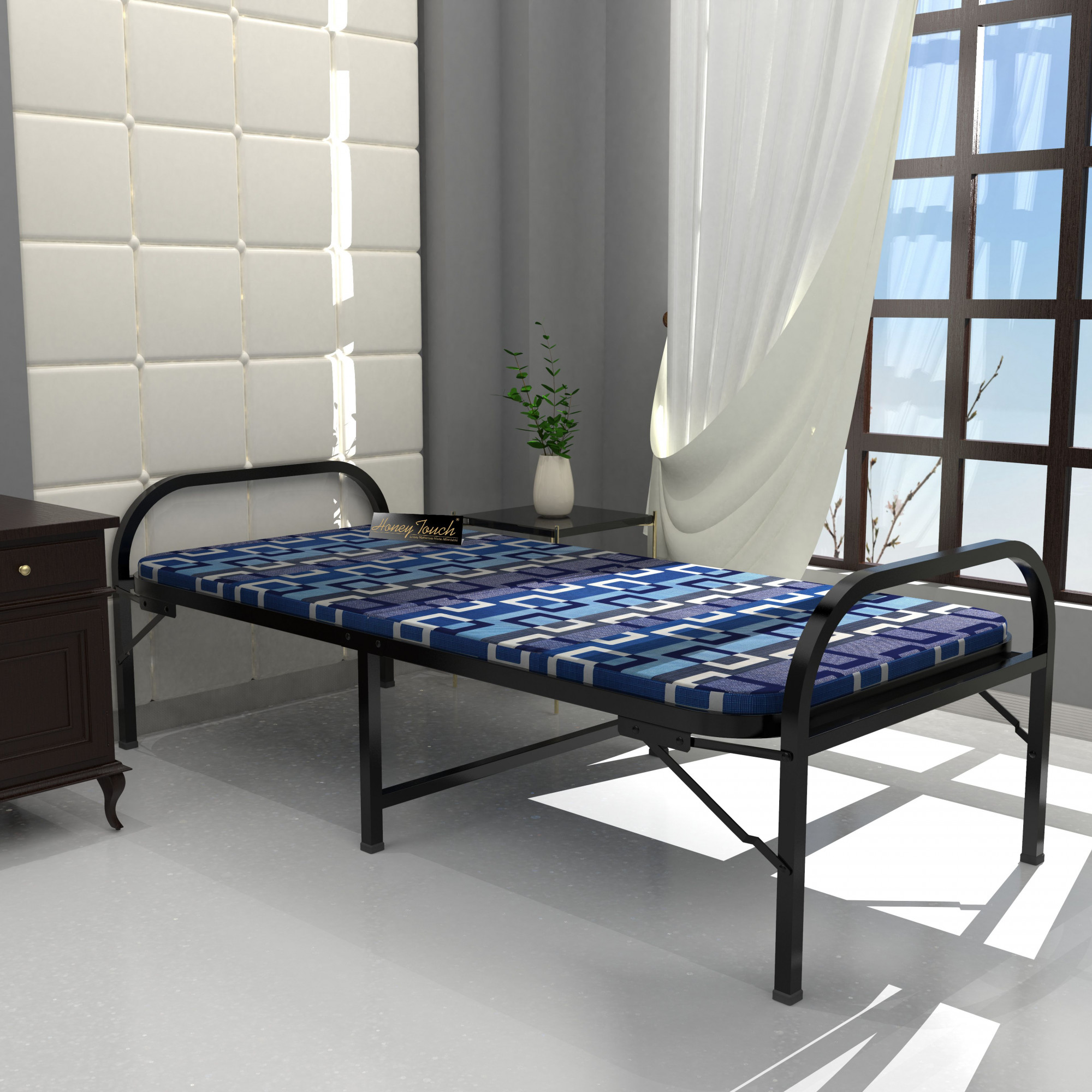 Aura Blue Single Size Metal Bed Single Layer Foam Mattress 3ft X 6ft Black Finish
