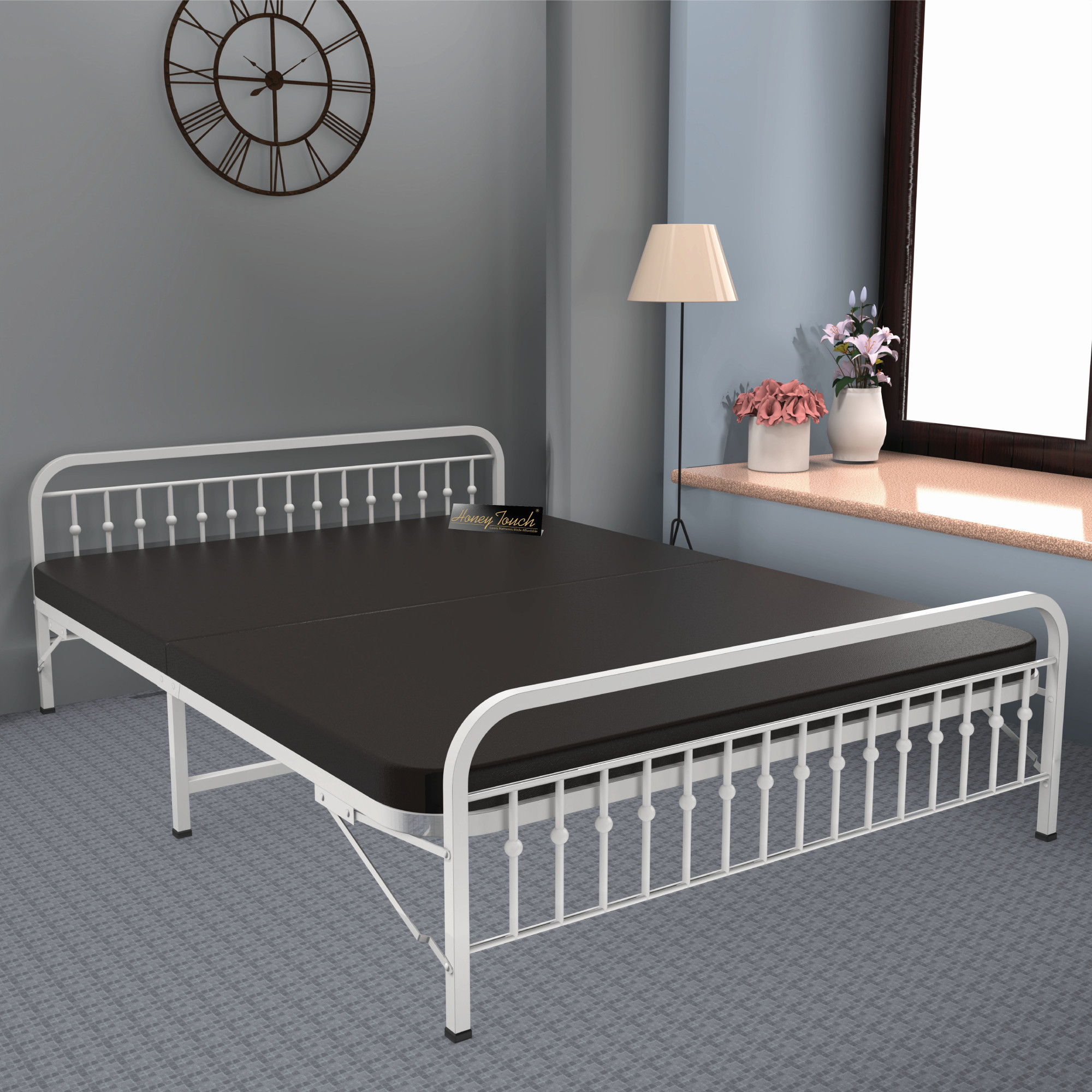 Nova Foldable Metal Bed Frame With Mattress Ivory Frame Queen Size 625 Ft x 5 Ft Warranty Backed