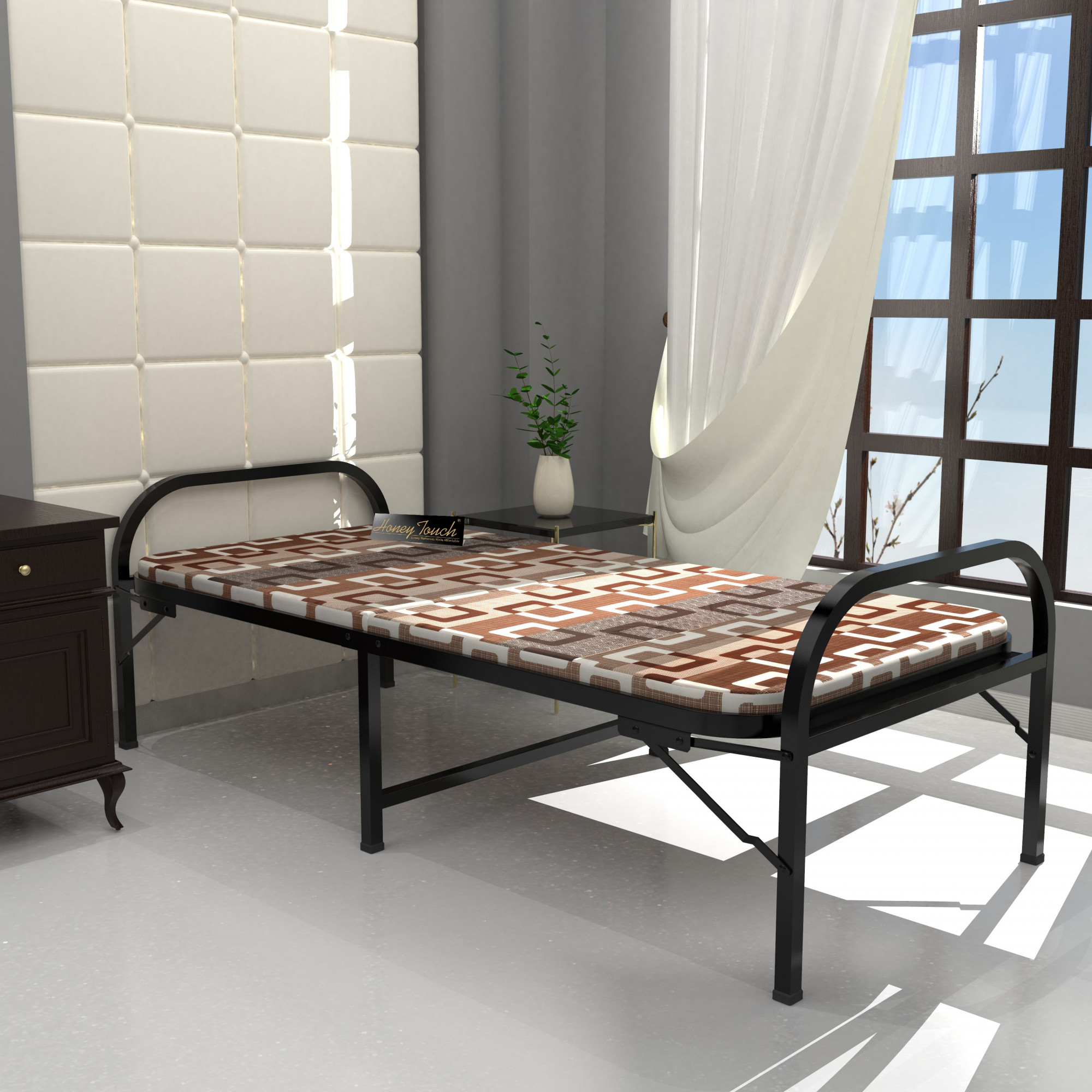 Aura Brown Single Size Metal Bed Single Layer Foam Mattress 3ft X 6ft Black Finish