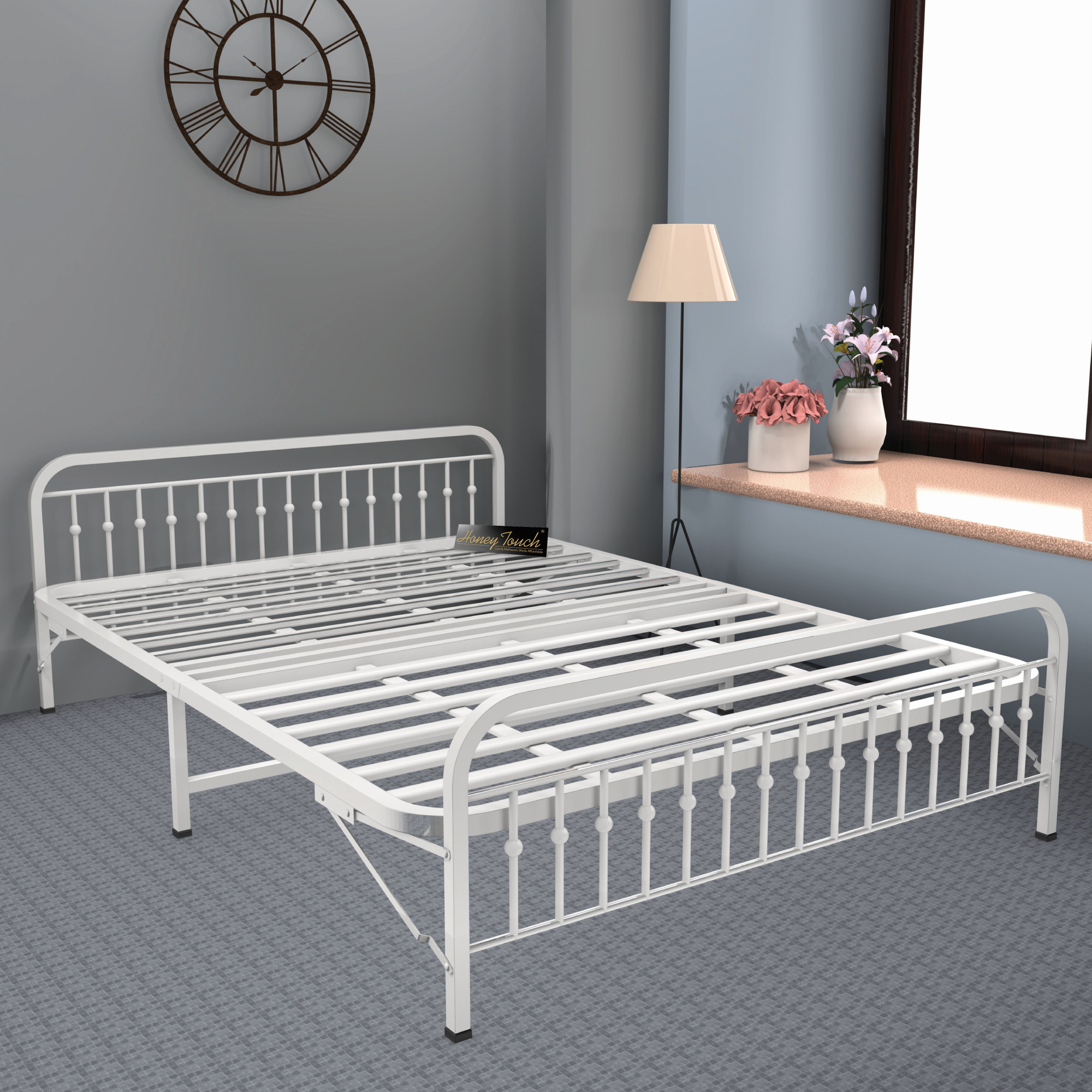 Nova Foldable Metal Bed Frame With Mattress Ivory Frame Queen Size 625 Ft x 5 Ft Warranty Backed