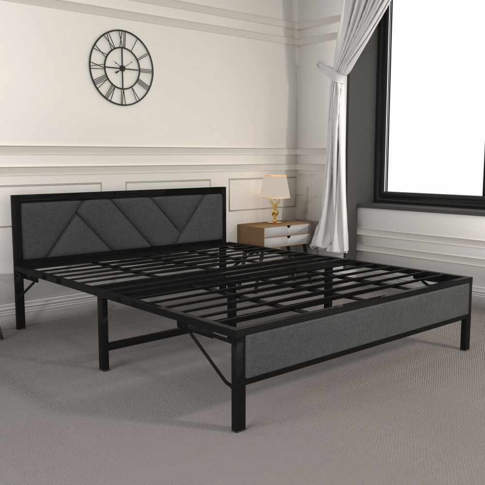 Image of Linea Grey Queen Size Bed Frame Without Mattress | Black Frame | Queen Size 6.25 Ft x 5 Ft | 2 Years Warranty