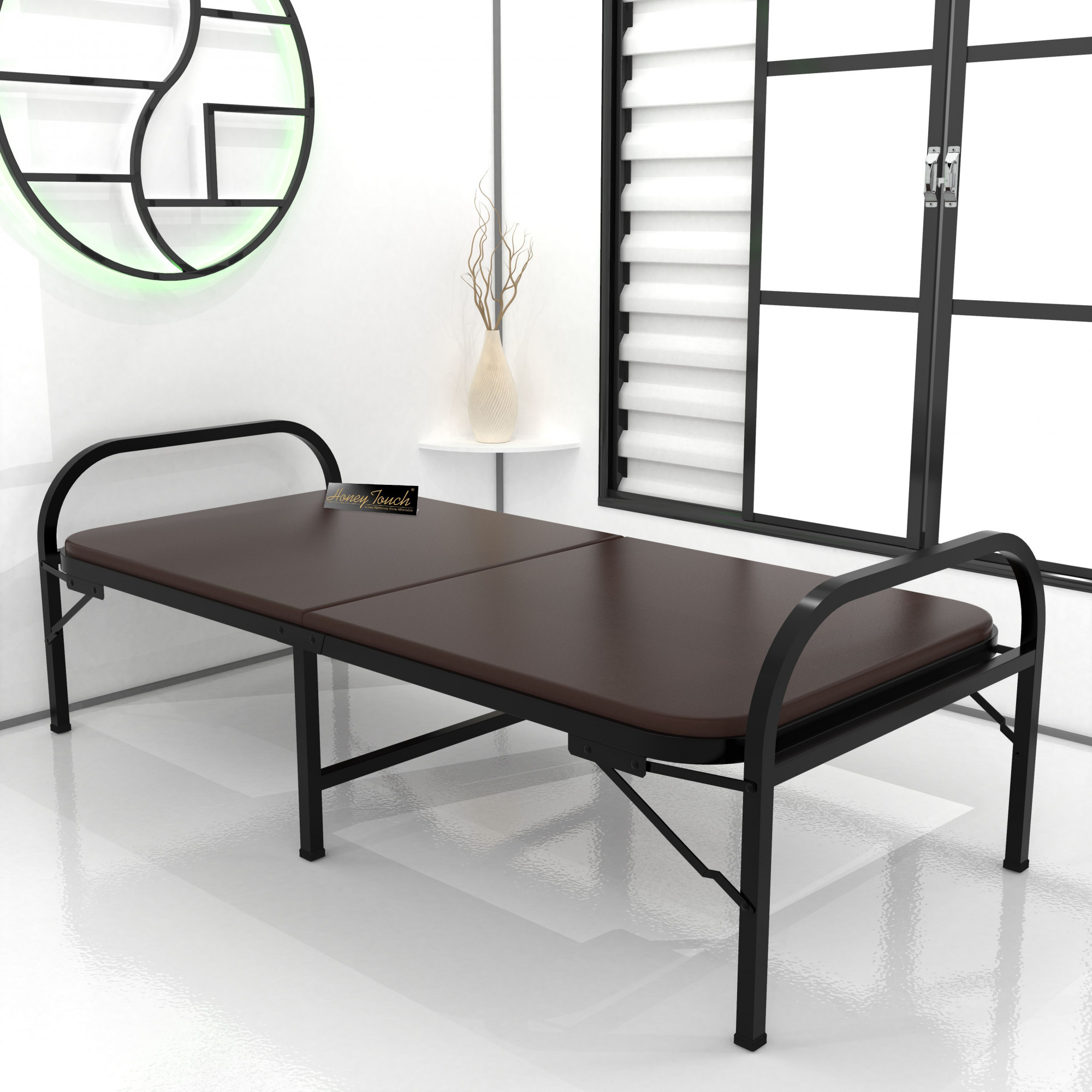Atlas Round Folding Metal Single Size Bed with Mattress 3ft X 6ft 25ft X 6ft Black Finish Brown Mattress