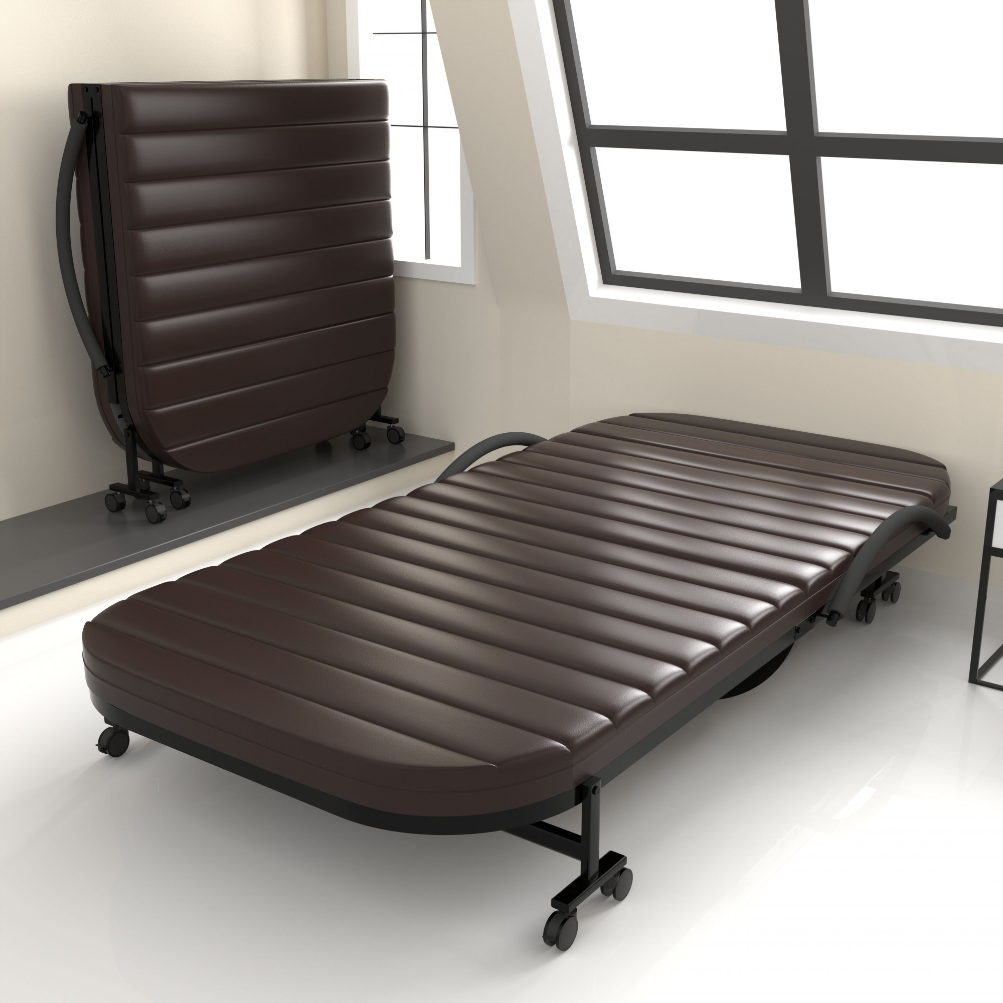 Xyra Rollaway Bed Single Size 3 Ft x 6 Ft Orthopedic Tri Layer Foam Brown Mattress 5 Years Warranty