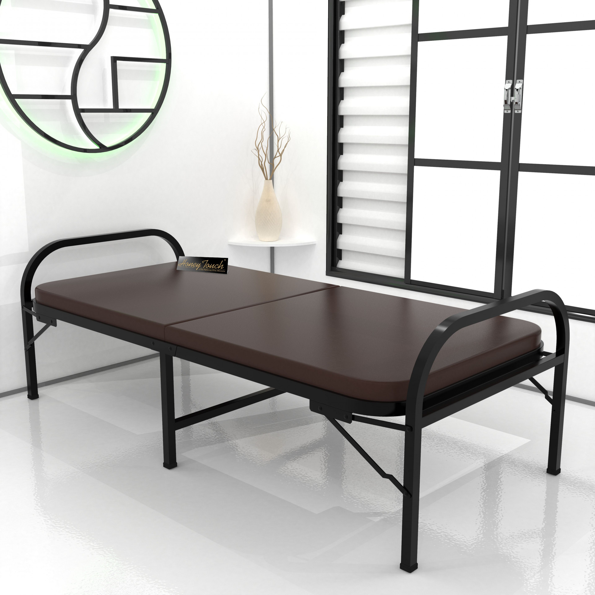 Atlas Round Folding Metal Single Size Bed with Mattress 3ft X 6ft 25ft X 6ft Black Finish Brown Mattress