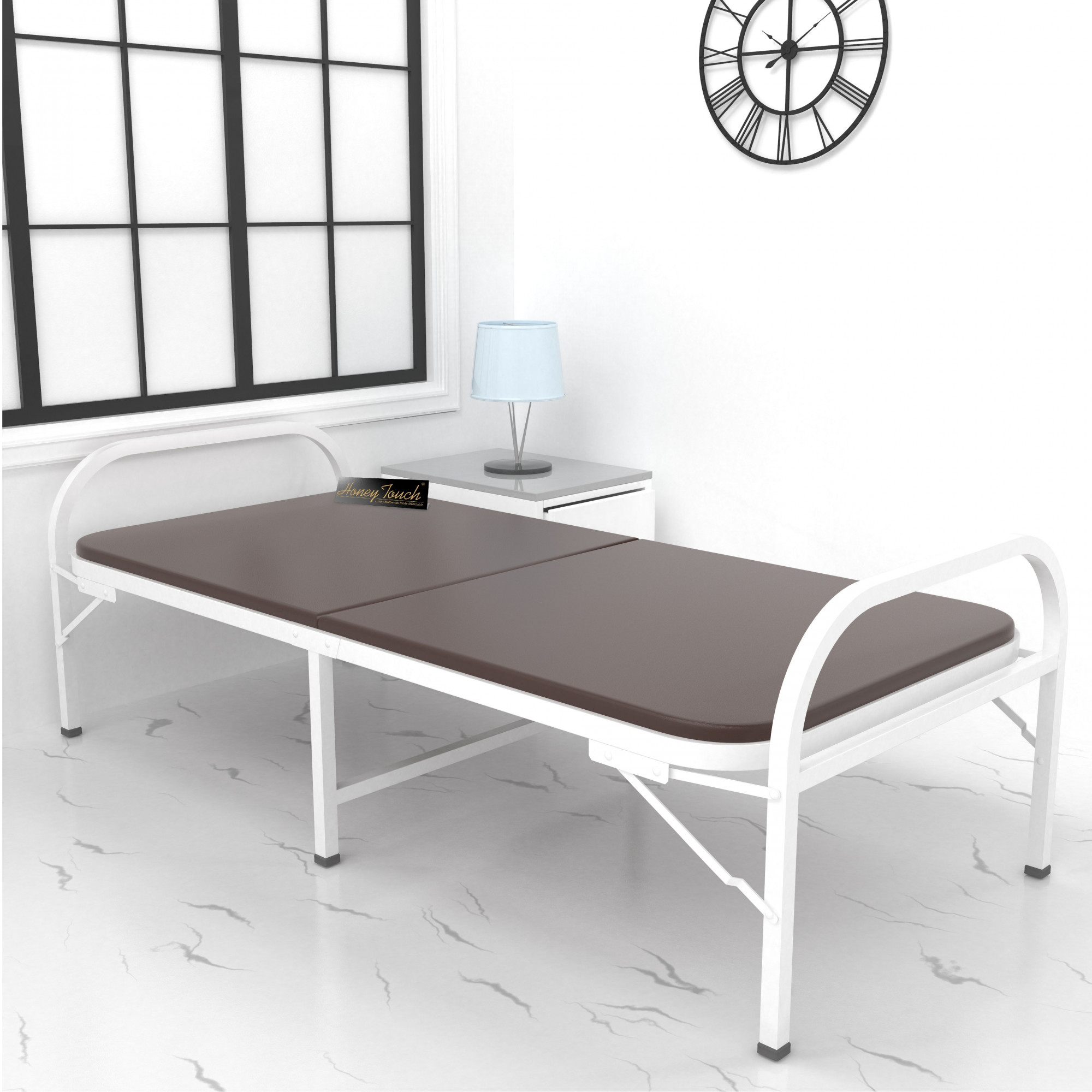Atlas Round Folding Metal Single Size Bed with Mattress 3ft X 6ft 25ft X 6ft White Finish Brown Mattress