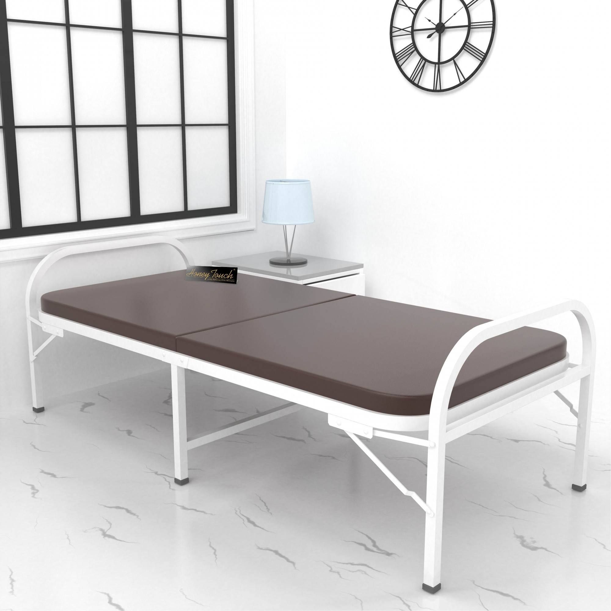 Atlas Round Folding Metal Single Size Bed with Mattress 3ft X 6ft 25ft X 6ft White Finish Brown Mattress