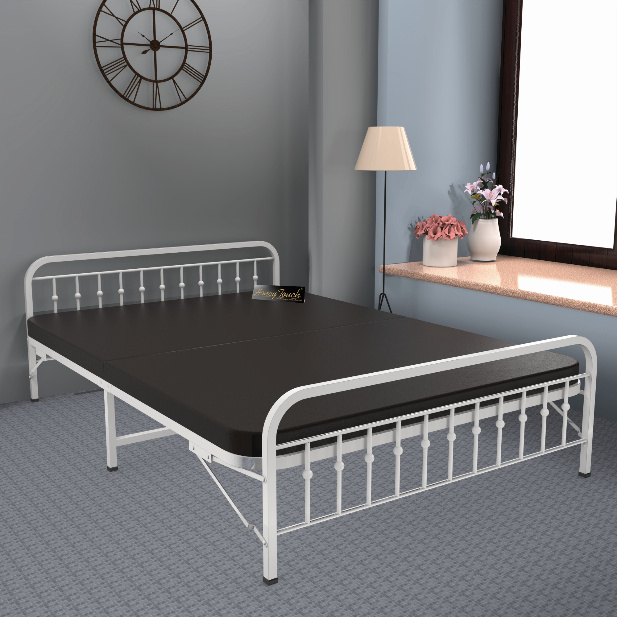 Nova Foldable Metal Bed Frame With Mattress Ivory Frame Double Size 625 Ft x 4 Ft Warranty Backed