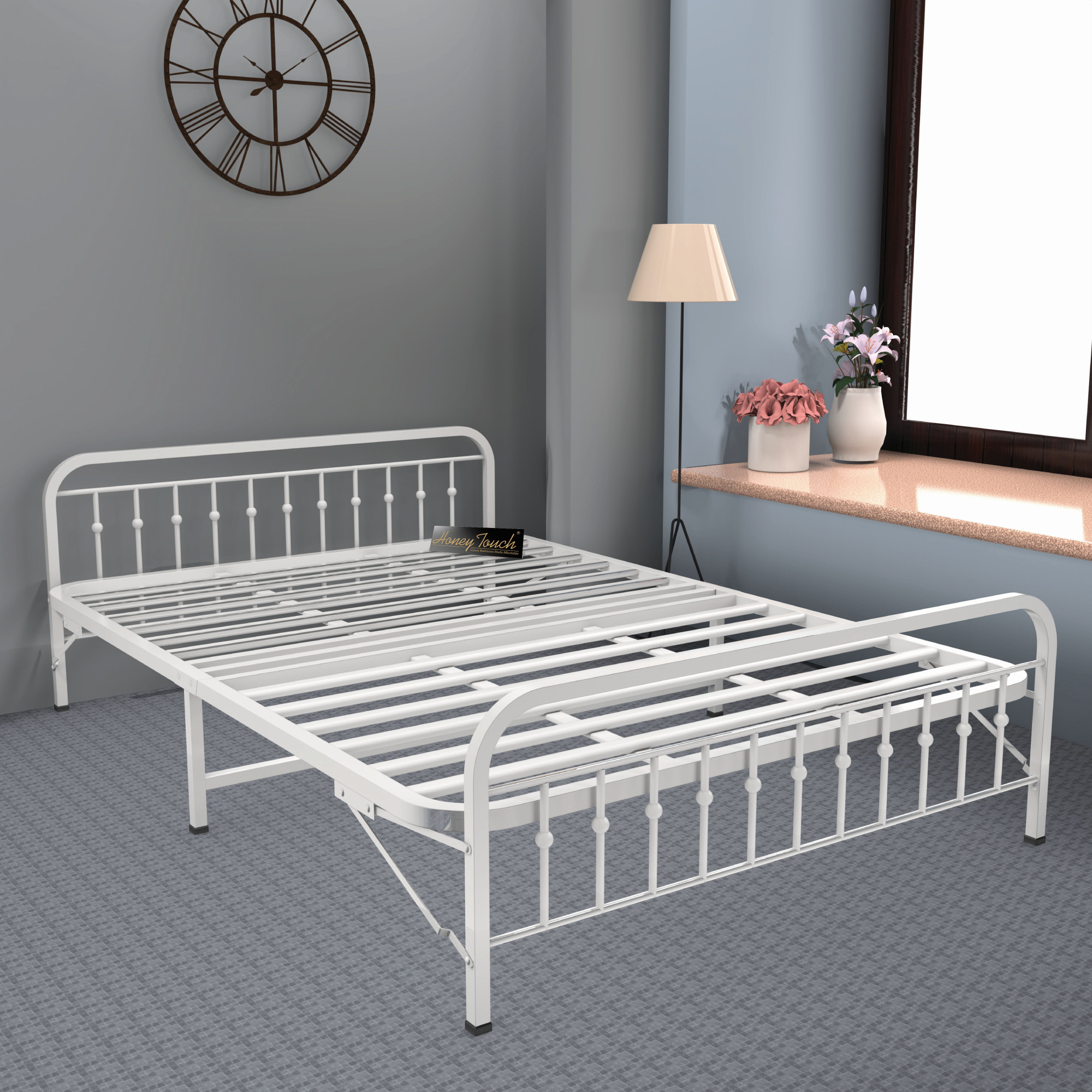 Nova Foldable Metal Bed Frame With Mattress Ivory Frame Double Size 625 Ft x 4 Ft Warranty Backed