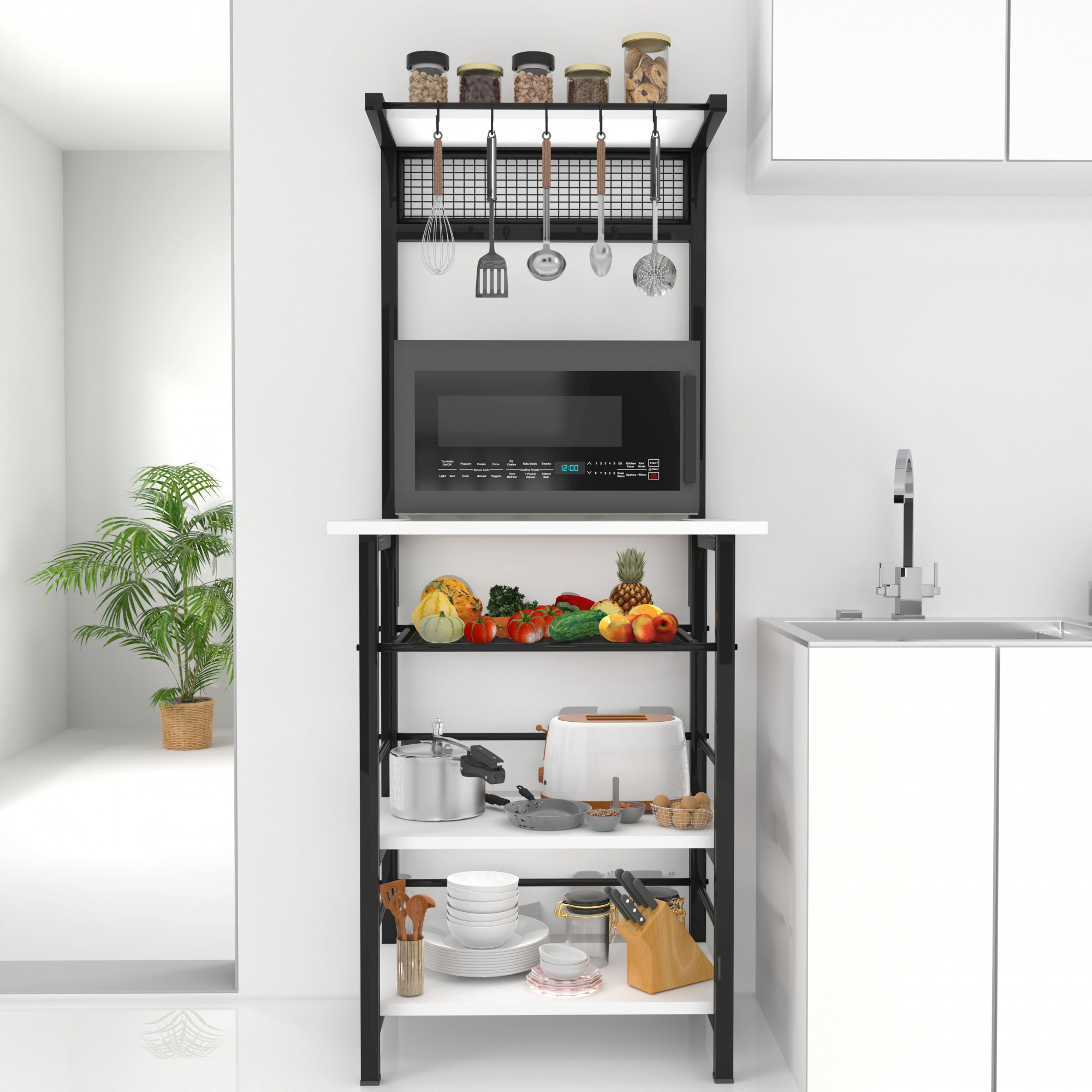 Spacio 5-Tier Multipurpose Storage Rack Metal Wood Shelf for Kitchen Living Room Bedroom Space-Saving Organizer with Hooks Frosty White Finish