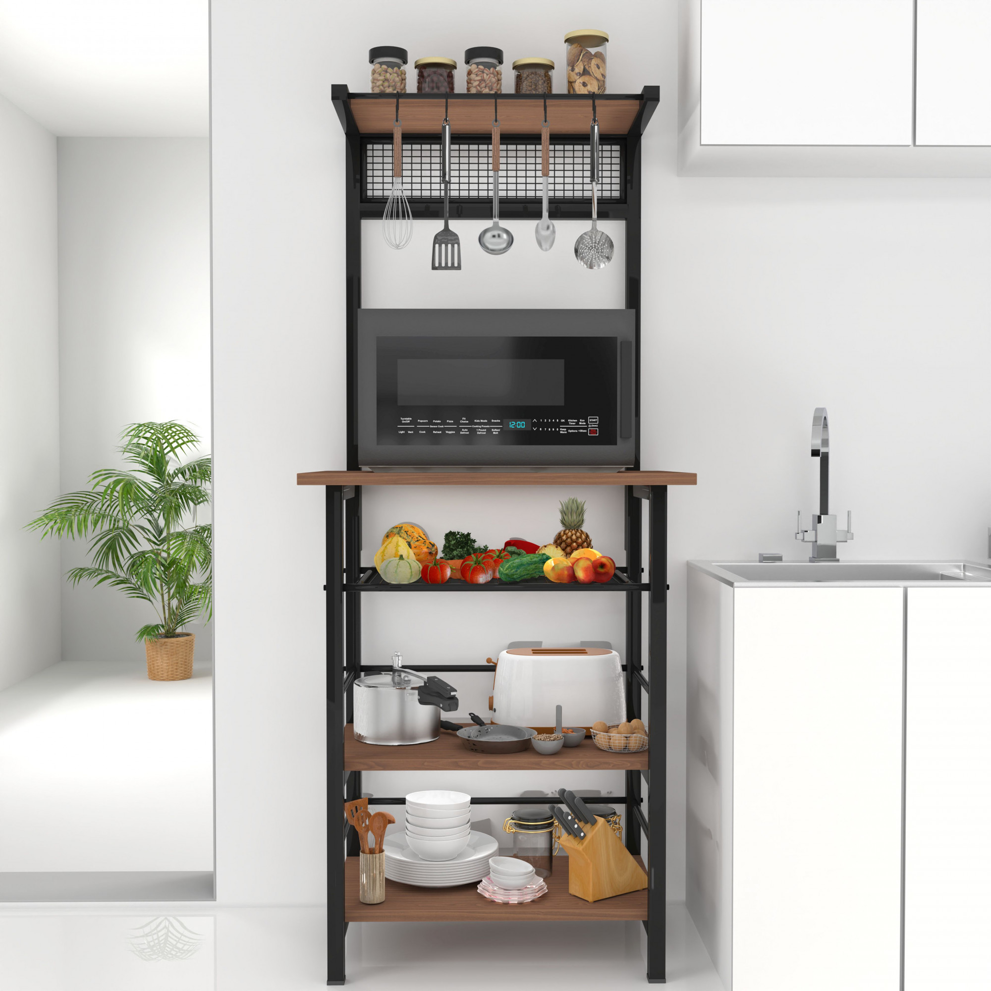 Spacio 5-Tier Multipurpose Storage Rack Metal Wood Shelf for Kitchen Living Room Bedroom Space-Saving Organizer with Hooks Matte Black Walnut Finish