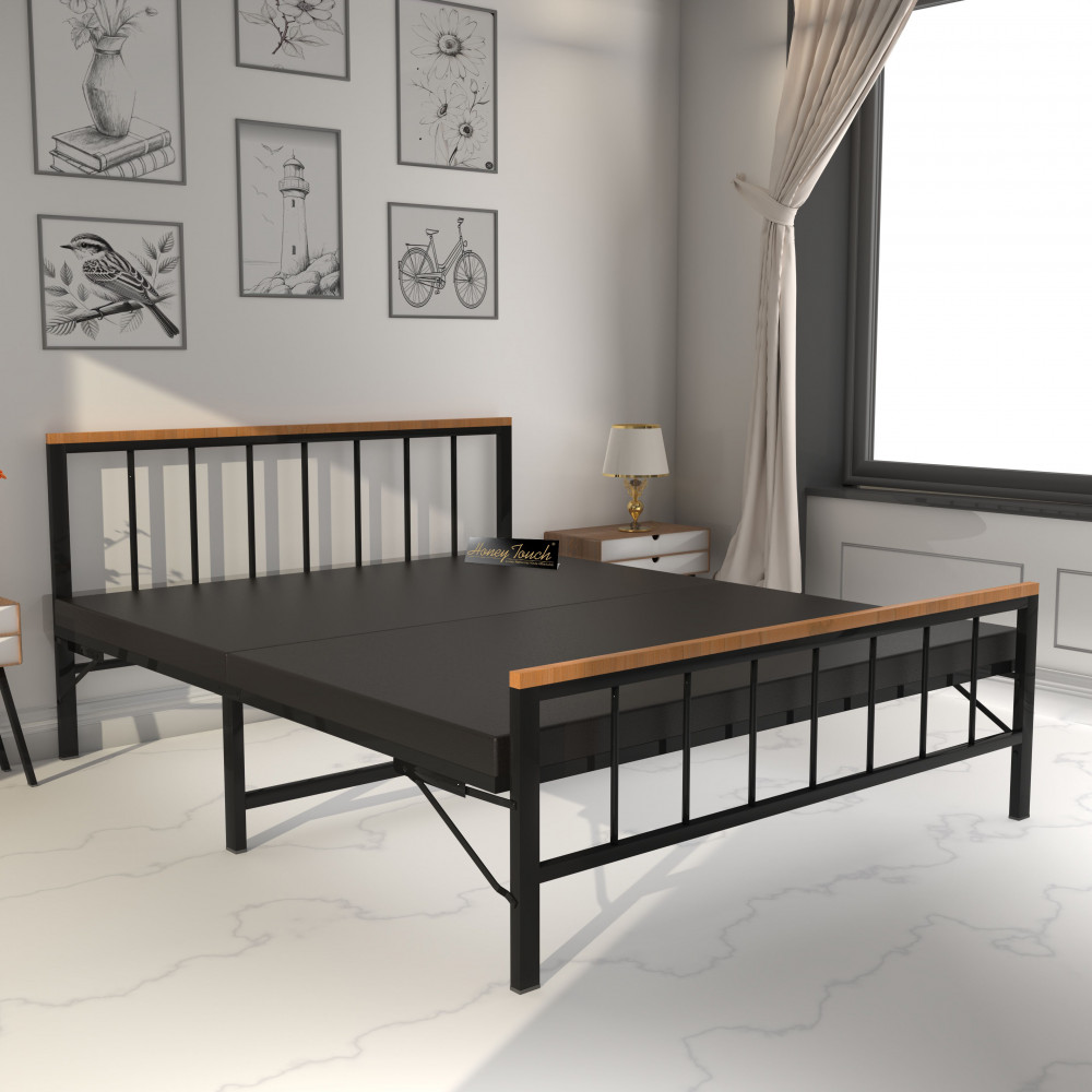 Image of Oslo Folding Queen Size Bed With Mattress | Black Frame | Queen Size 6.25 Ft x 5 Ft | 2 Years Warranty