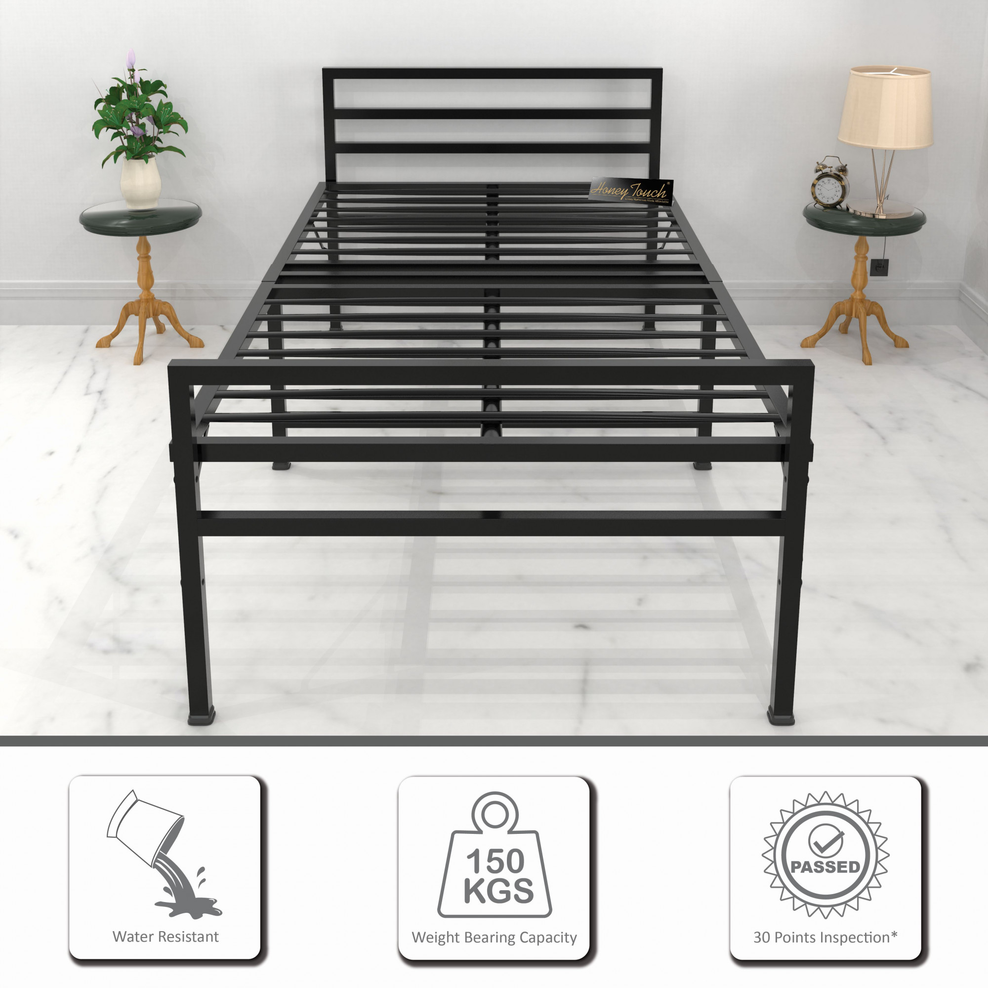 Jasper Metal Single Size Bed Black Finish 3ft X 6ft 2-Year Warranty