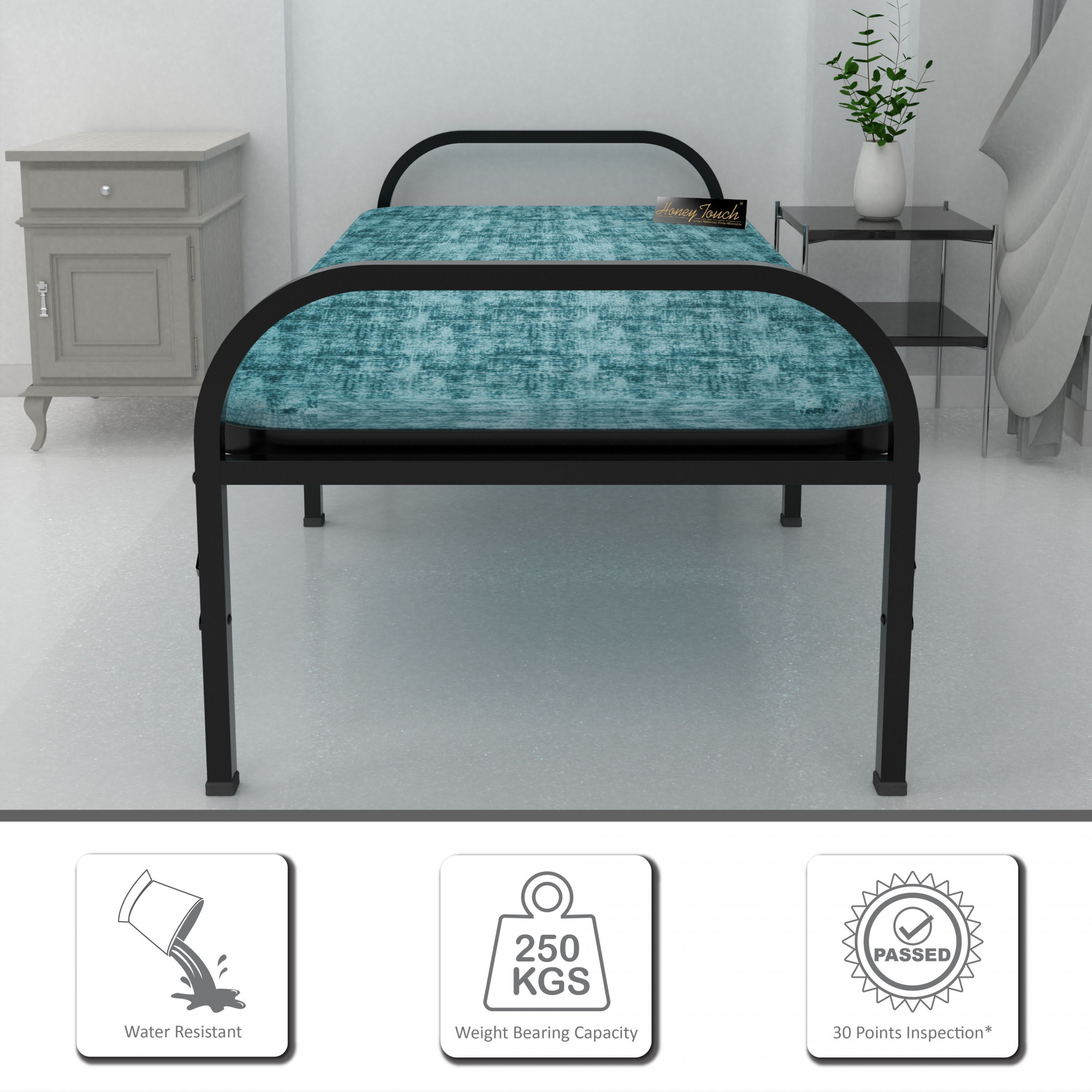 Aura Velvet Essential Single Size Metal Bed with Mattress 3ft X 6ft Black Finish