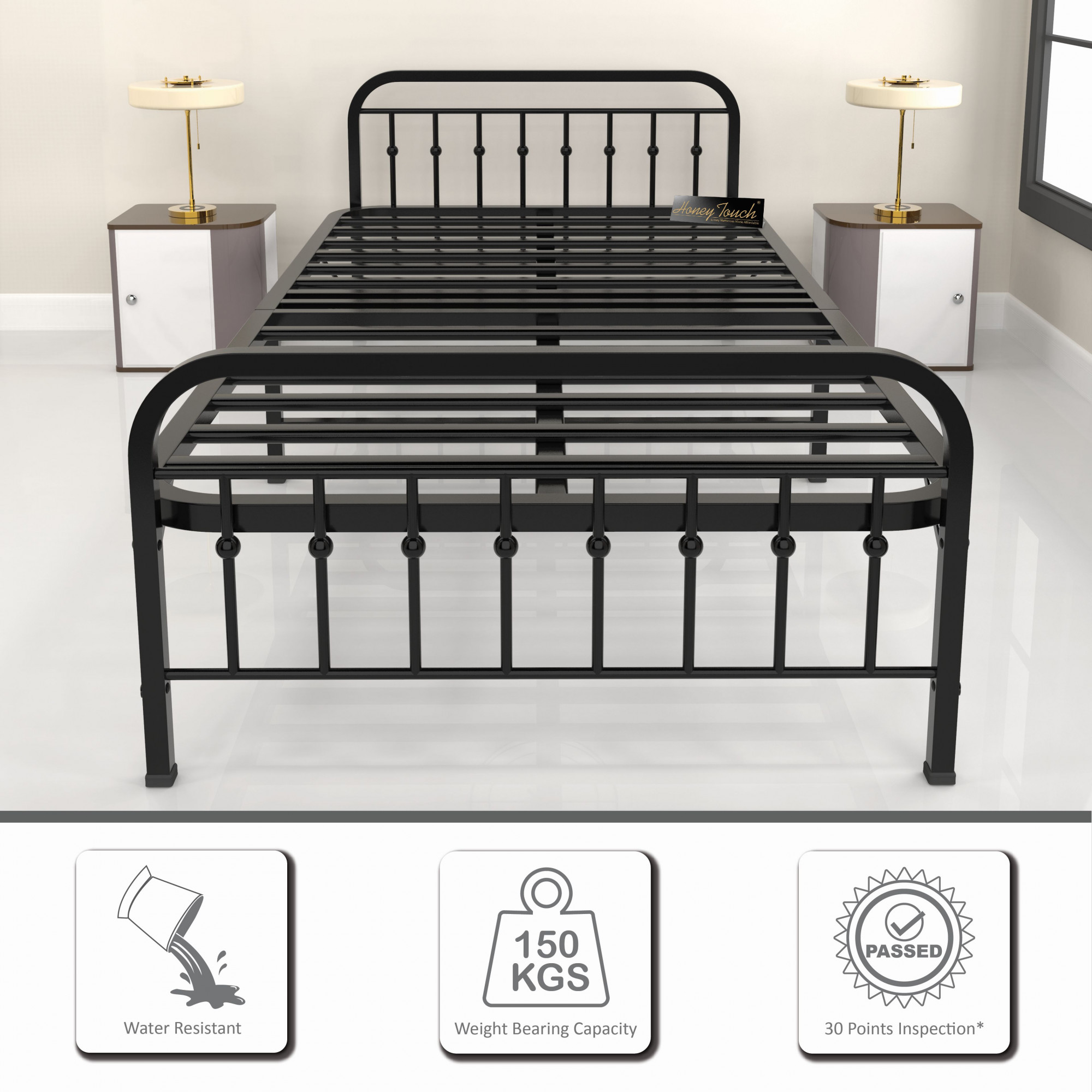 Nova Foldable Single Metal Bed - Glossy Black Finish 3ft x 6ft