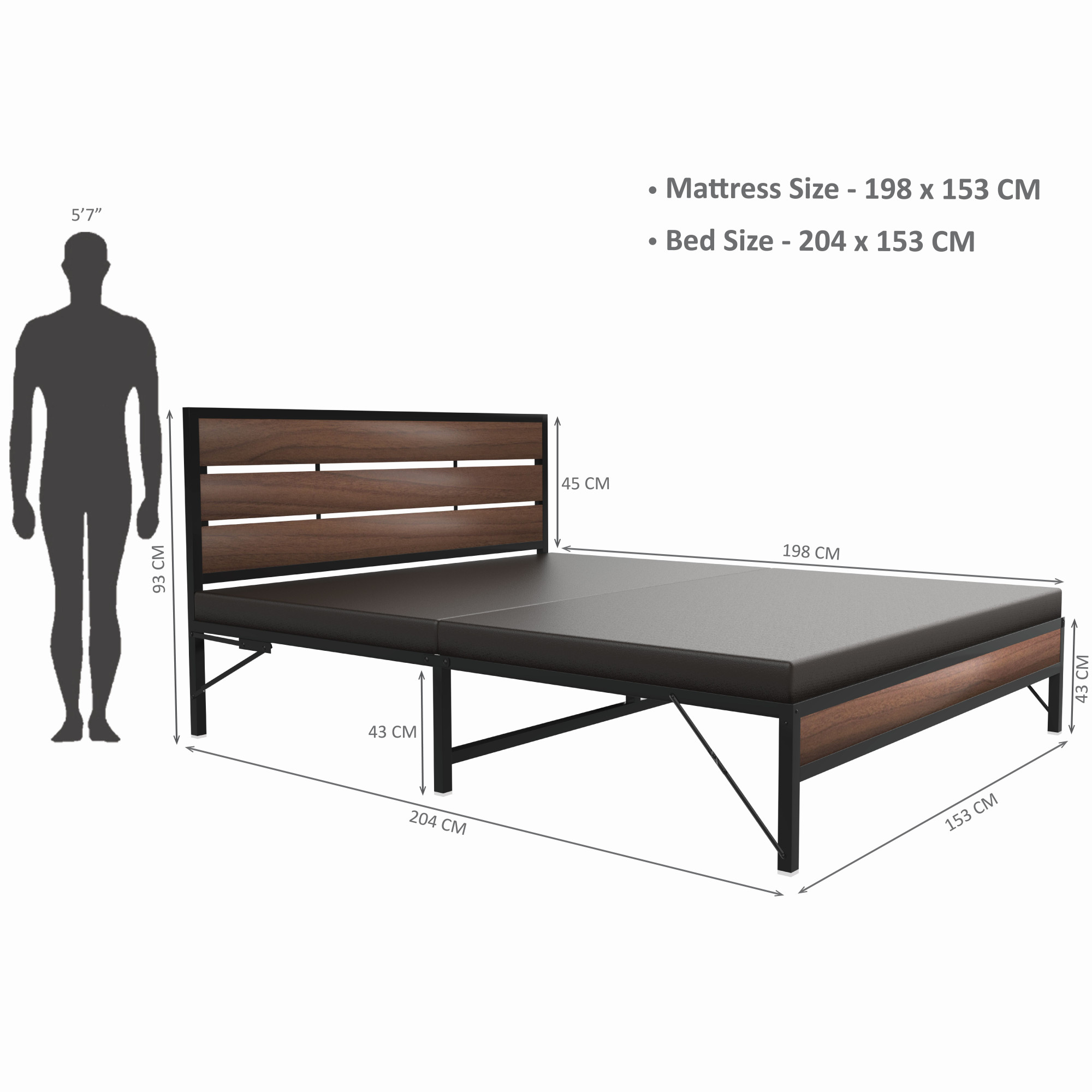 Elvo Wood and Metal Folding Bed Frame With Mattress Double Layer Ortho Tri Layer American Oak Queen Size 65 Ft x 5 Ft