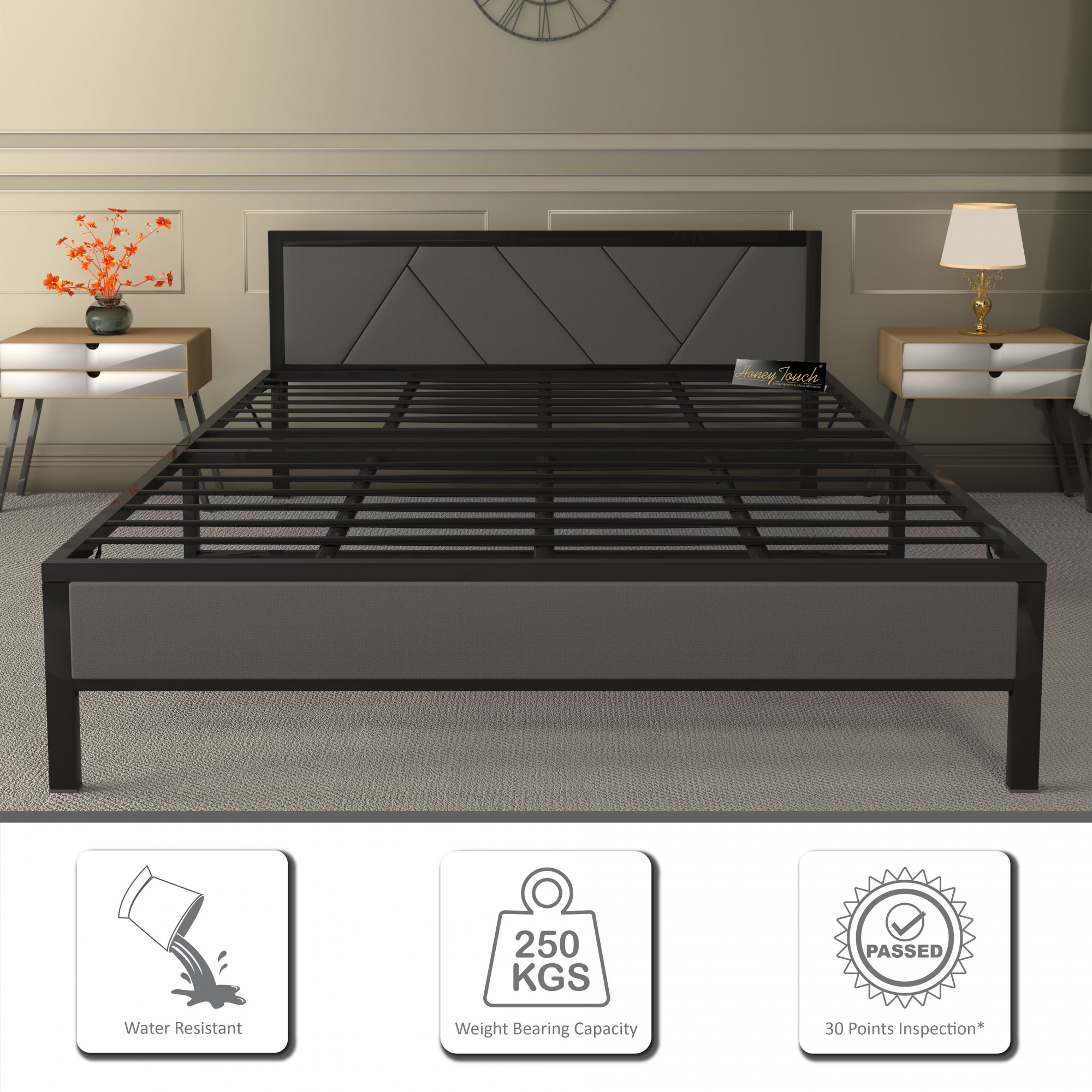 Linea Grey Queen Size Bed Frame Without Mattress  Black Frame  Queen Size 625 Ft x 5 Ft  2 Years Warranty