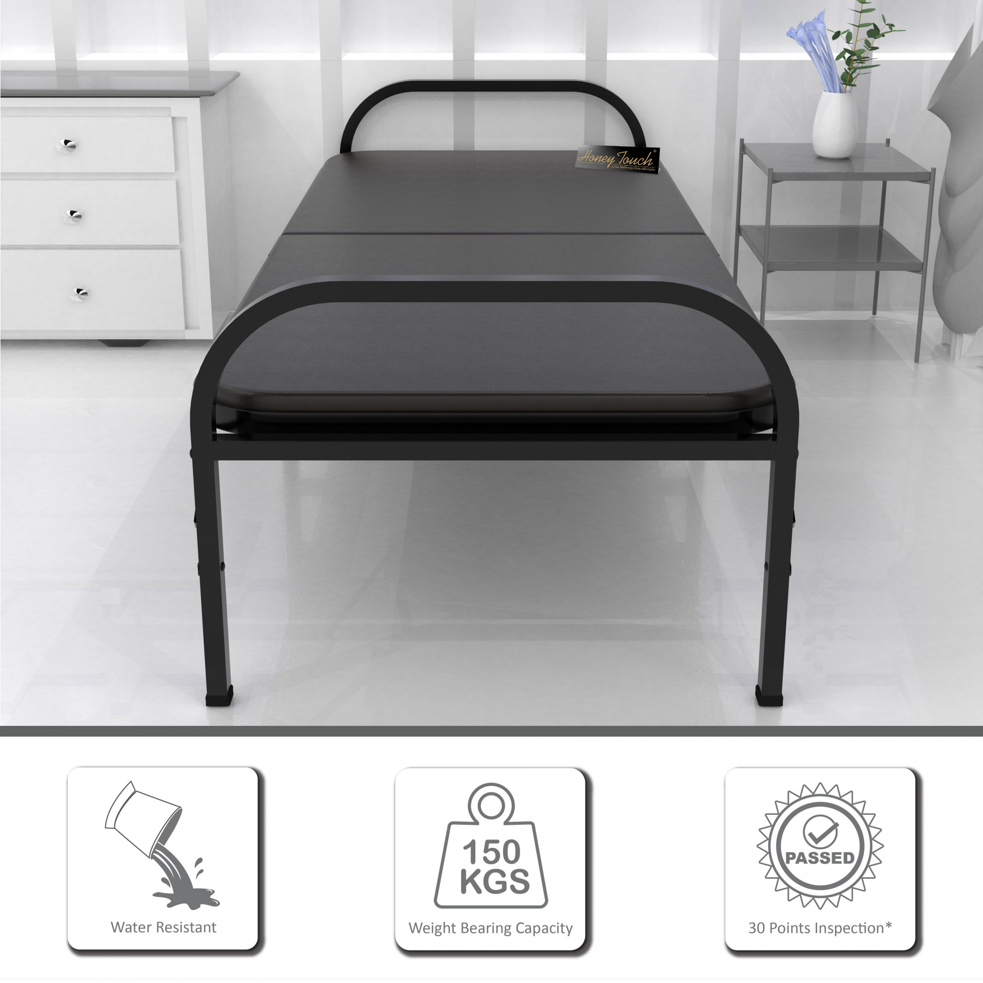 Atlas Round Folding Metal Bed Single Size Single Layer Double Layer Ortho Tri Layer Foam Mattress 3ft X 6ft 25ft X 6ft Black Finish