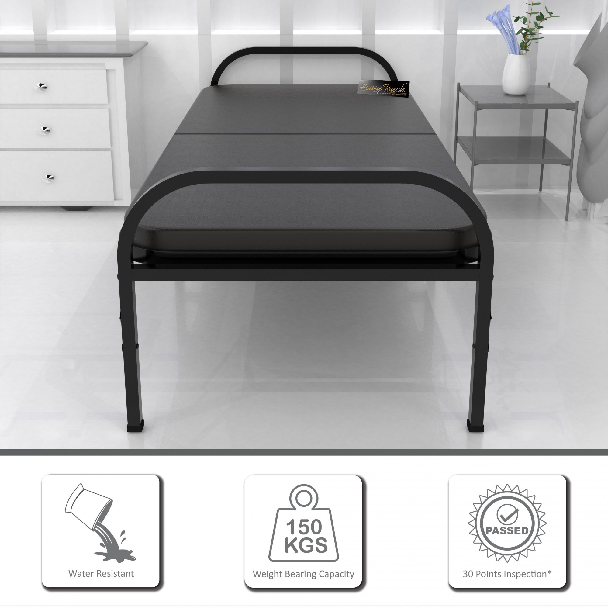 Atlas Round Folding Metal Bed Single Size Single Layer Double Layer Ortho Tri Layer Foam Mattress 3ft X 6ft 25ft X 6ft Black Finish