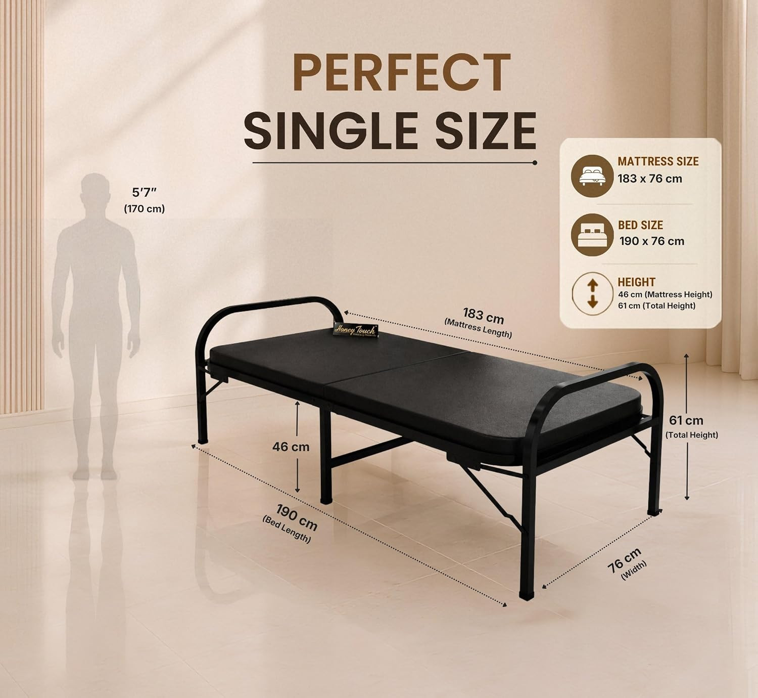 Atlas Round Folding Metal Bed Single Size Single Layer Double Layer Ortho Tri Layer Foam Mattress 3ft X 6ft 25ft X 6ft Black Finish