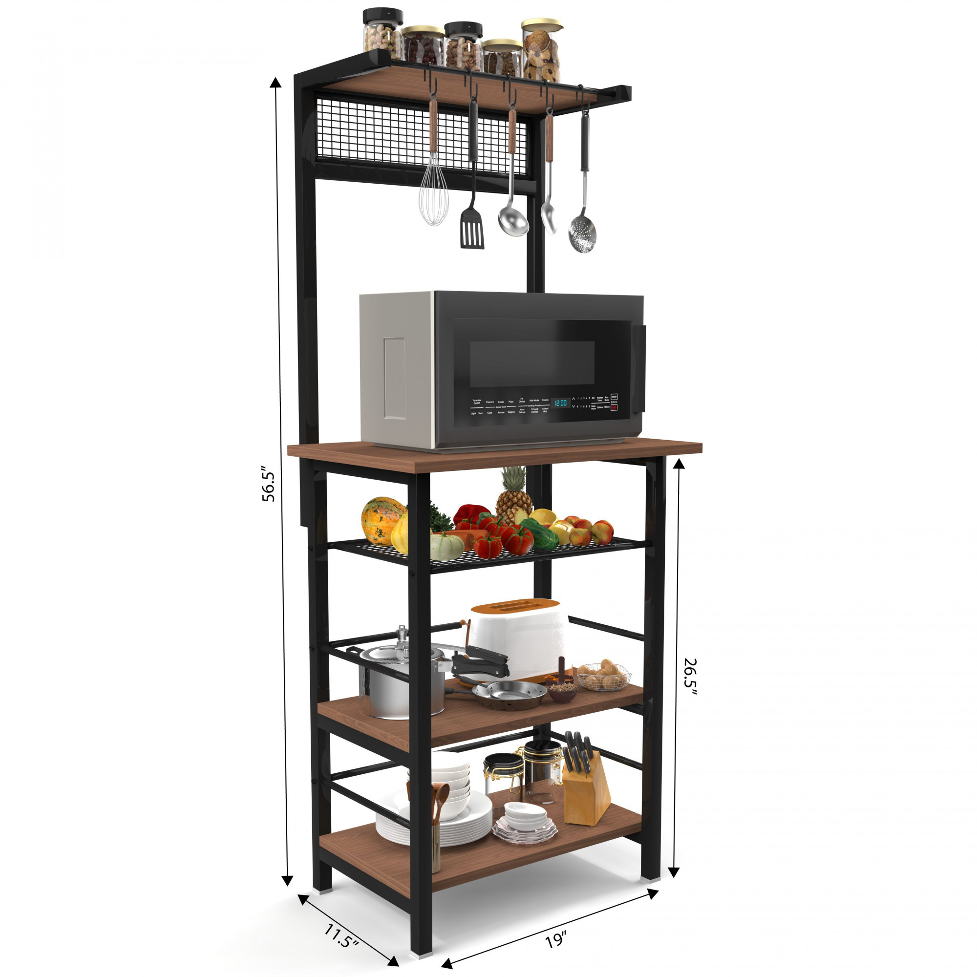 Spacio 5-Tier Multipurpose Storage Rack Metal Wood Shelf for Kitchen Living Room Bedroom Space-Saving Organizer with Hooks Matte Black Walnut Finish